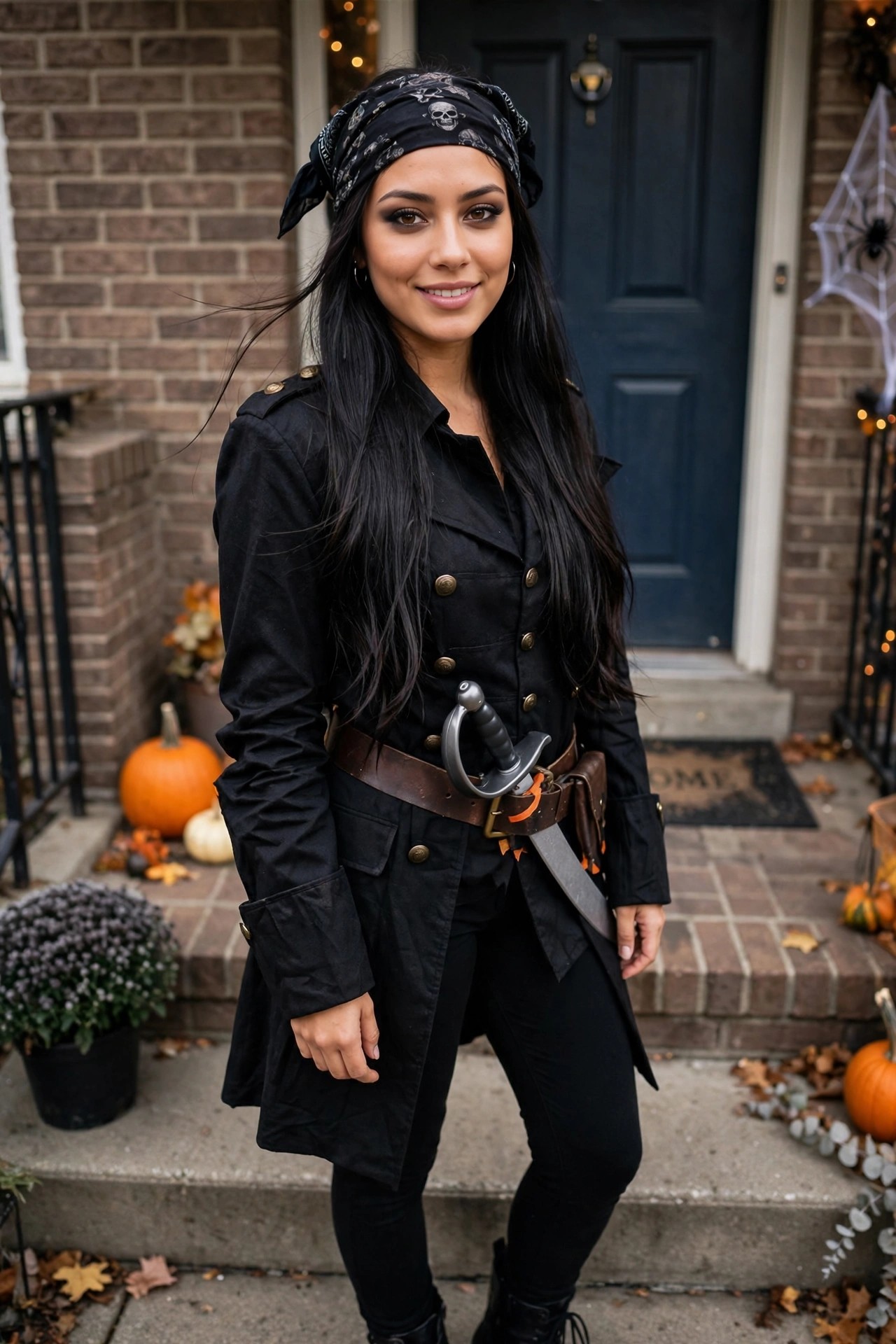 Woman wearing a black pirate captain coat with gold buttons, brown belt holding a sword, skull bandana, and long black hair standing on a porch with pumpkins.