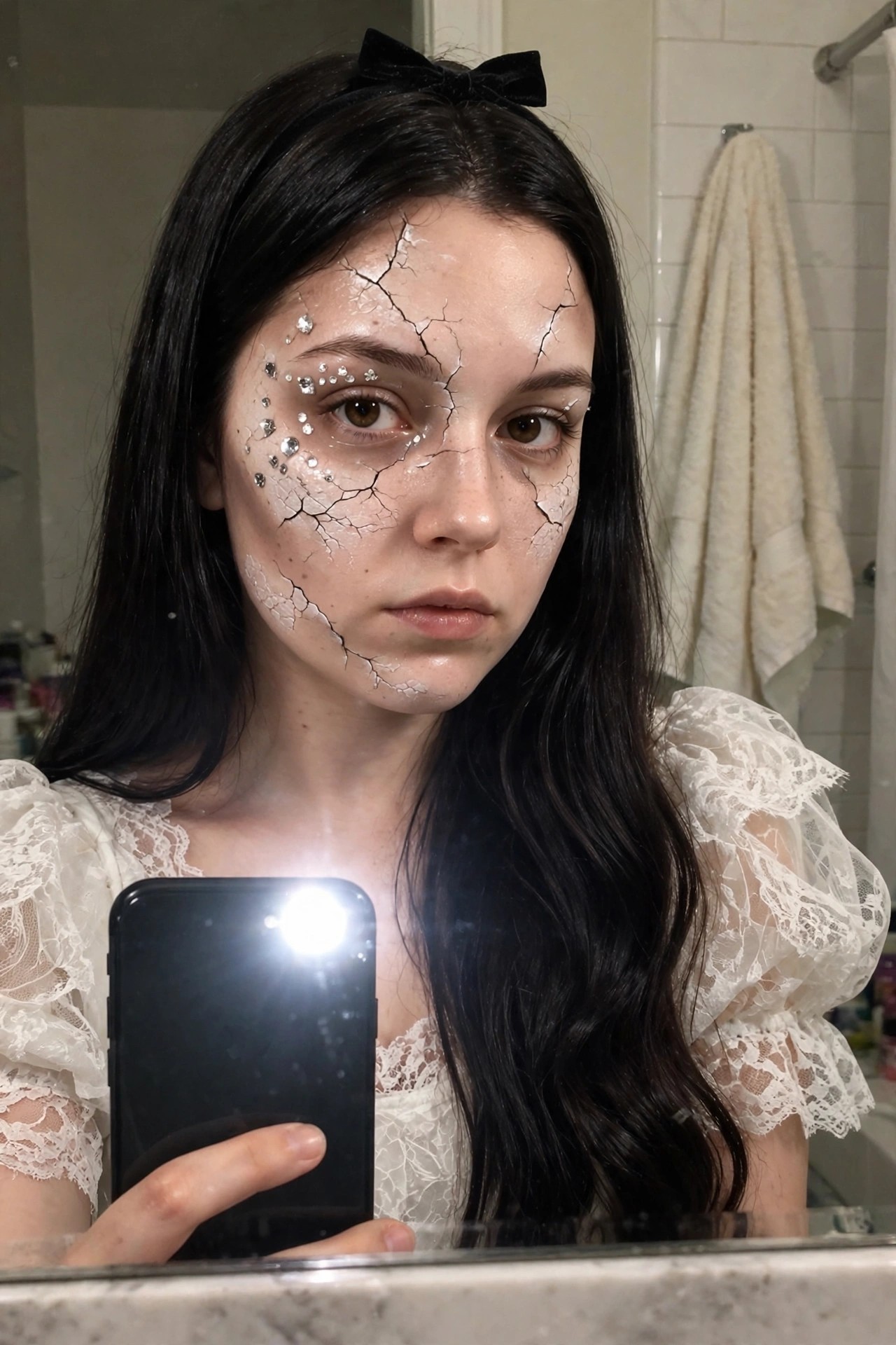 Woman with long black hair wearing a white lace puff sleeve dress and cracked porcelain doll makeup with rhinestones and a black velvet bow.
