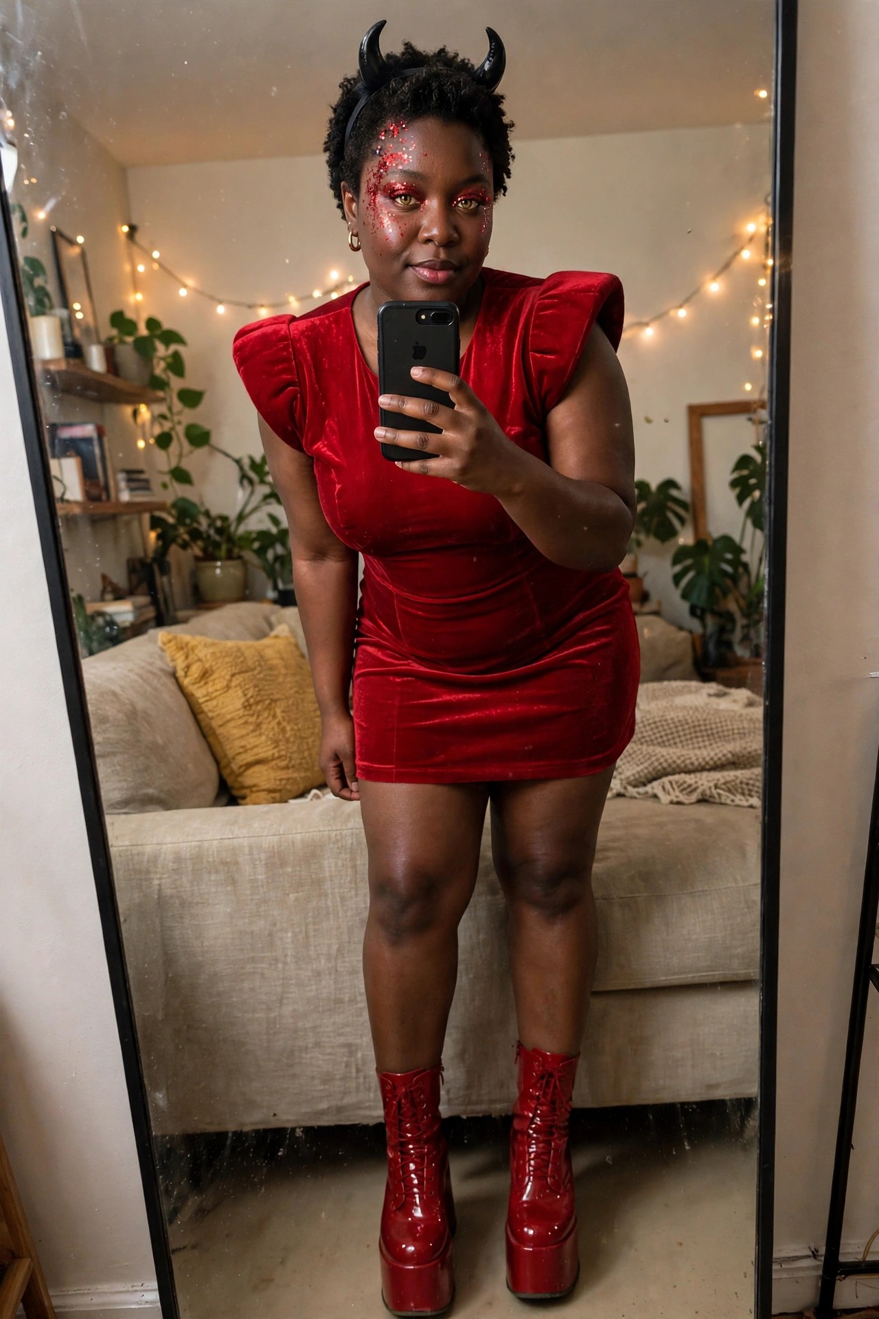 Woman wearing a short red velvet dress with matching red platform boots and black devil horns, red glitter eye makeup visible in a mirror selfie.