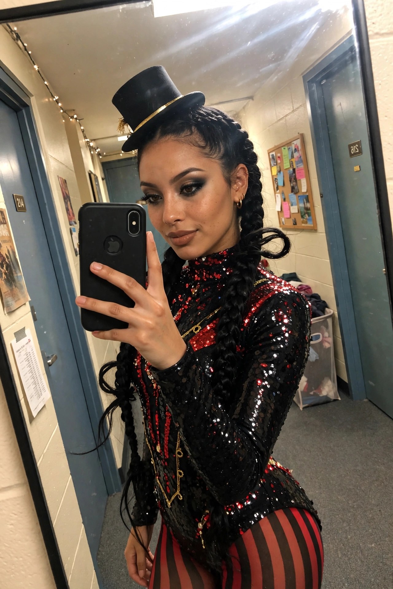 Woman wearing a black and red sequined ringmaster costume with striped tights and a black top hat, styled with long black braids.