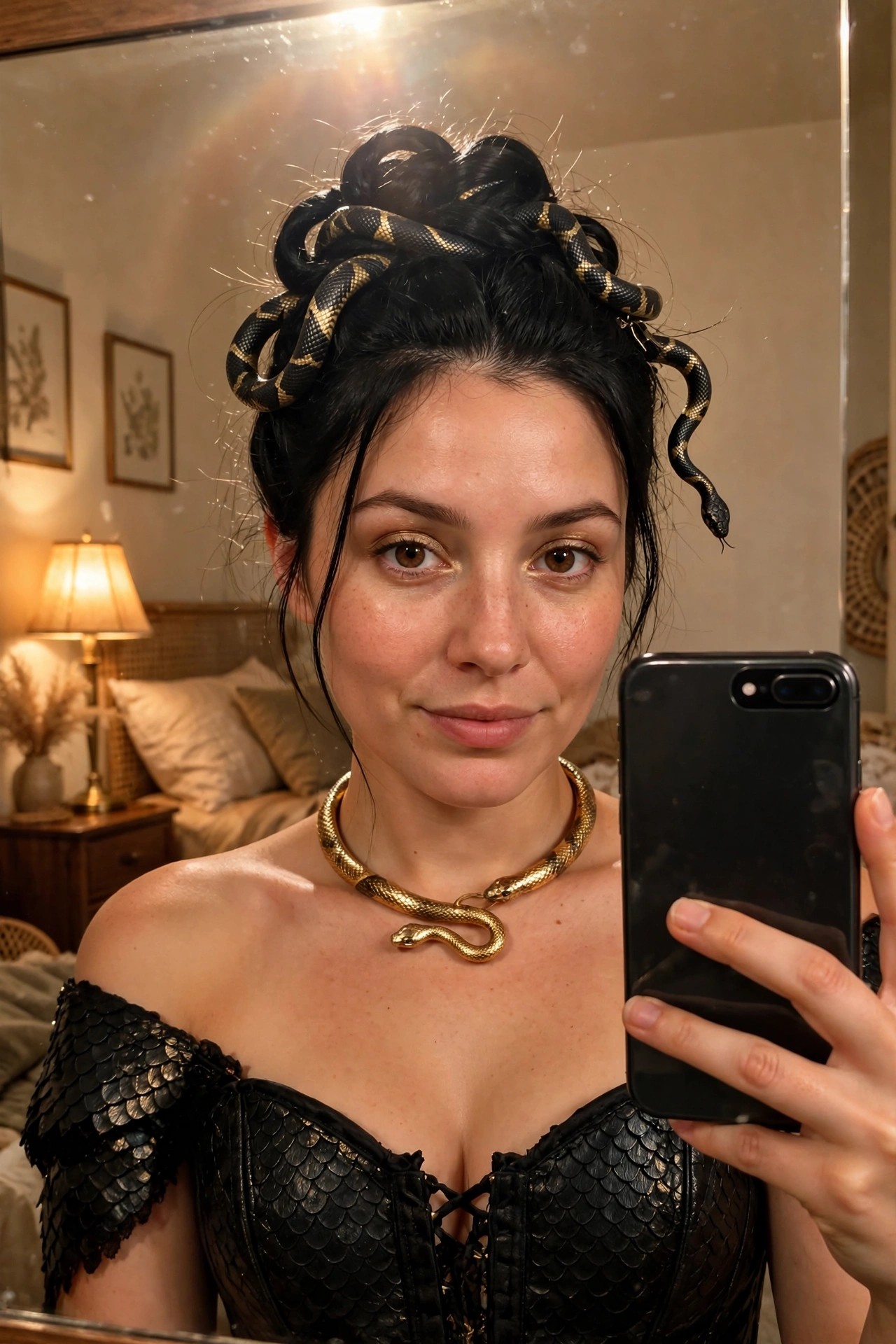 Woman with black hair in a high twisted updo wearing a live snake coiled through the style, a golden snake necklace, and a black scale patterned corset top while taking a mirror selfie.