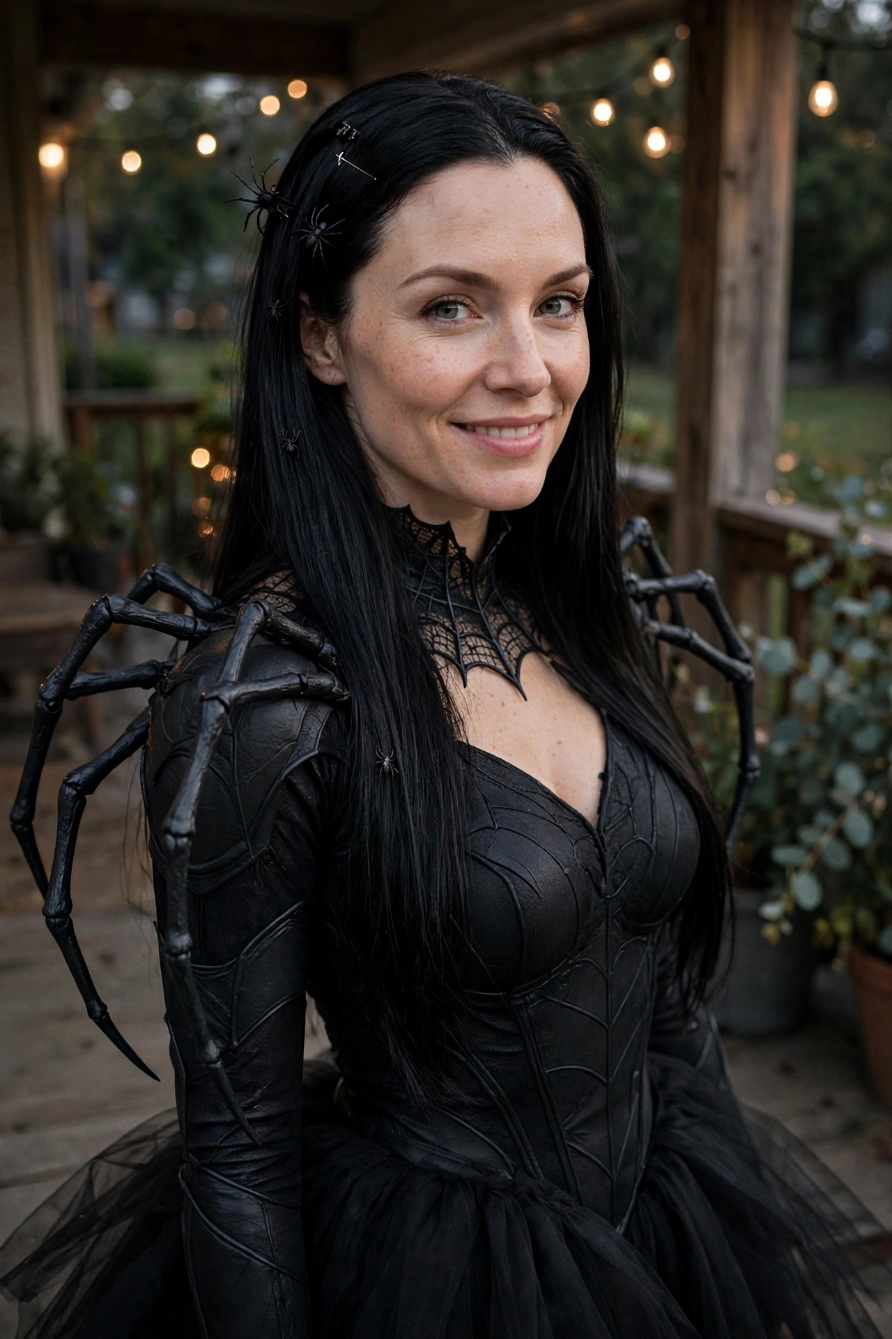 Woman wearing a black spider themed Halloween costume with shoulder leg accents, spiderweb corset dress, and small spider clips in long black hair.