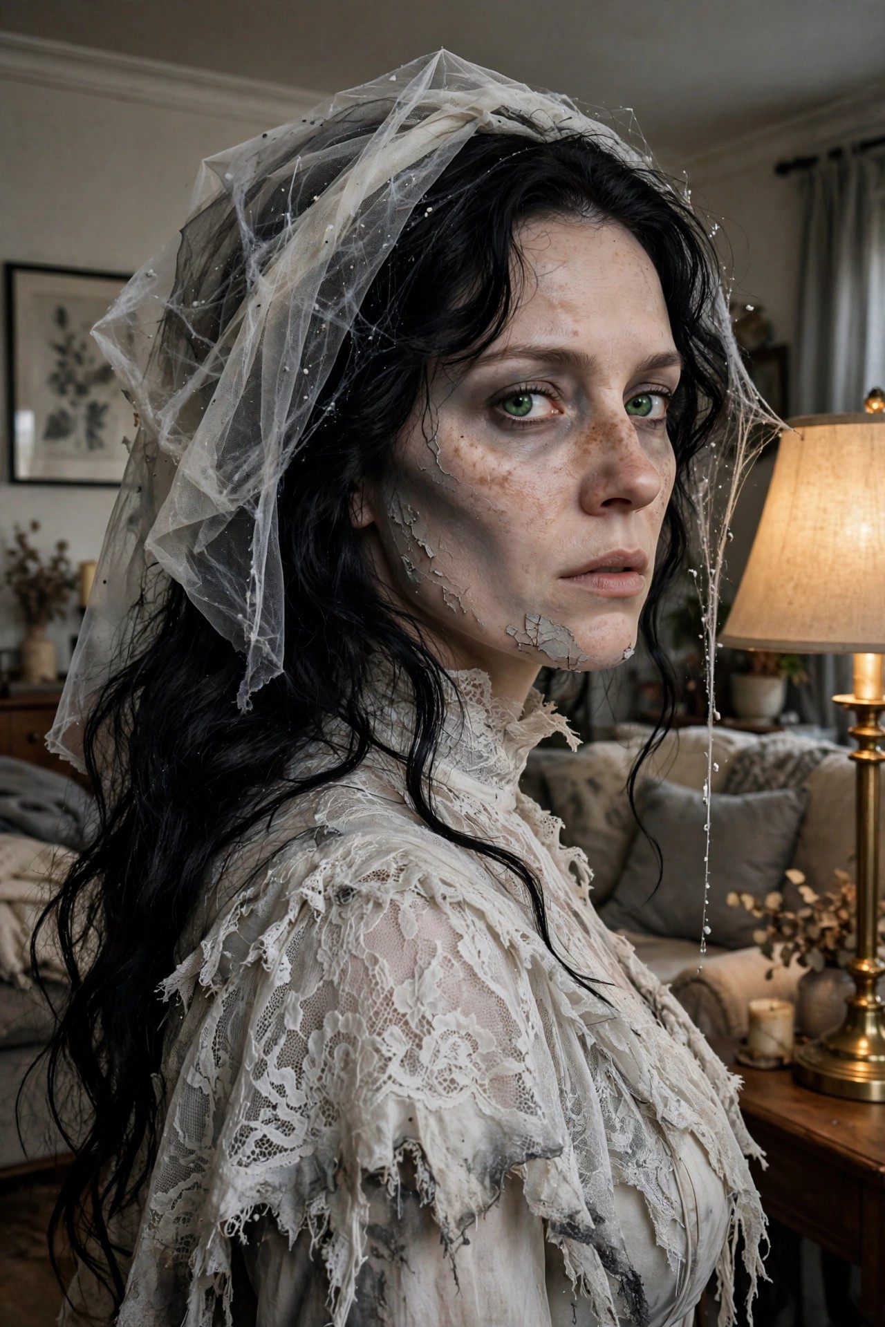 Woman wearing a torn white lace Victorian dress with matching veil and cracked porcelain style makeup on her face and neck. Long black hair is visible beneath the veil.