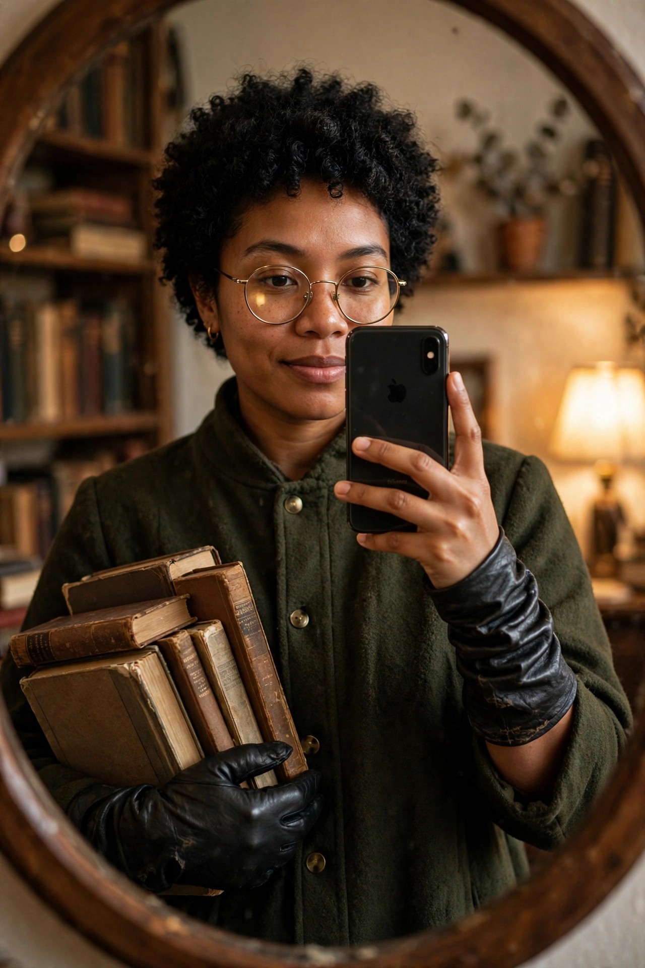 Woman in dark green coat holding stack of old books and taking mirror selfie, wearing black gloves and round glasses with natural curly black hair.