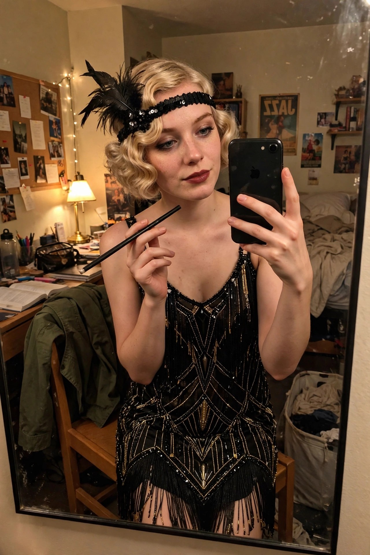 Woman wearing a black and gold fringed flapper dress with matching sequin headband and feather, holding a black cigarette holder, short blonde bob visible.