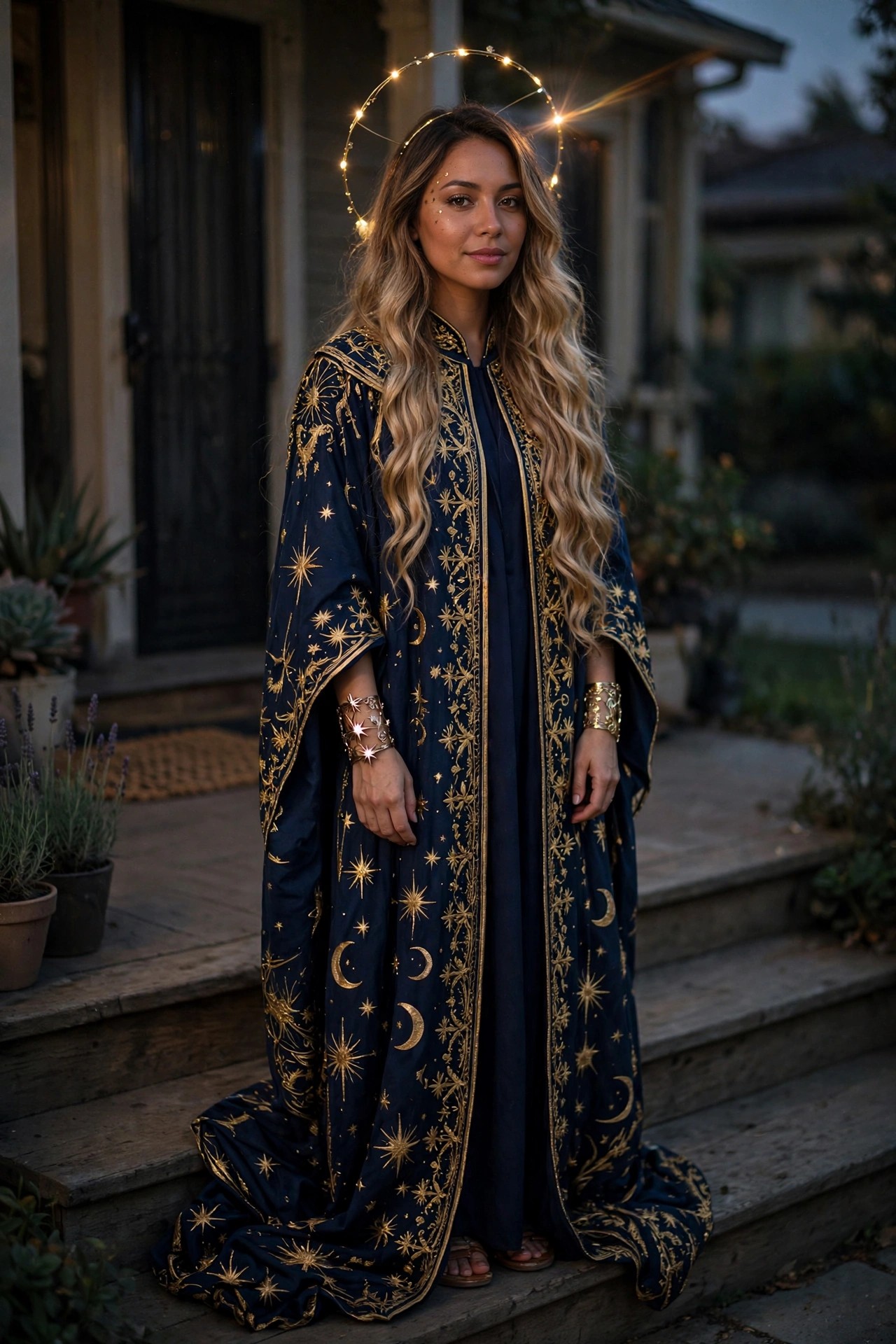 Woman wearing a long navy blue robe with gold star and moon embroidery, paired with a glowing circular halo headpiece.