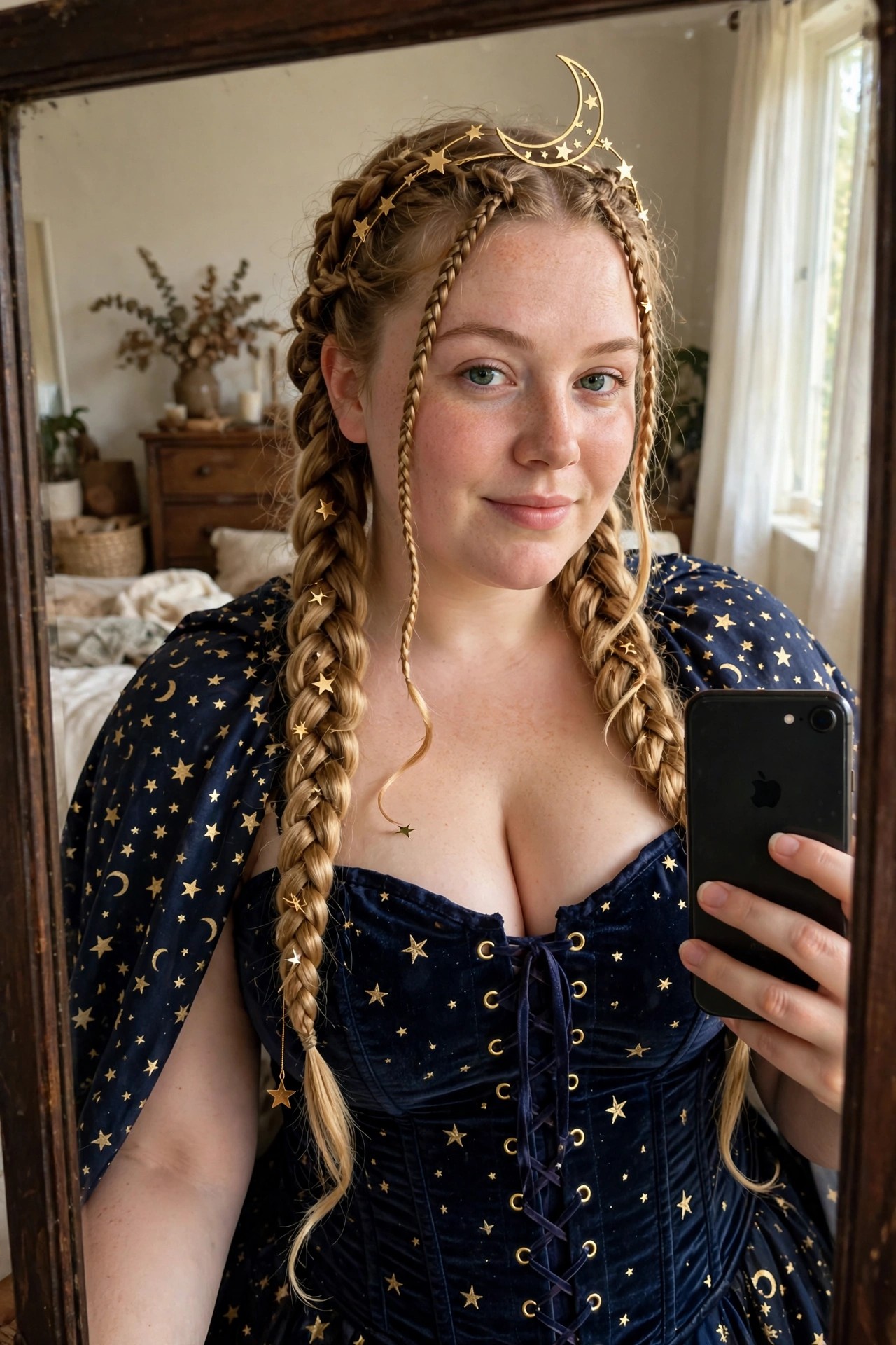 Woman wearing a navy velvet corset dress and cape printed with gold moons and stars, paired with a gold crescent moon headpiece and blonde braids adorned with star clips.