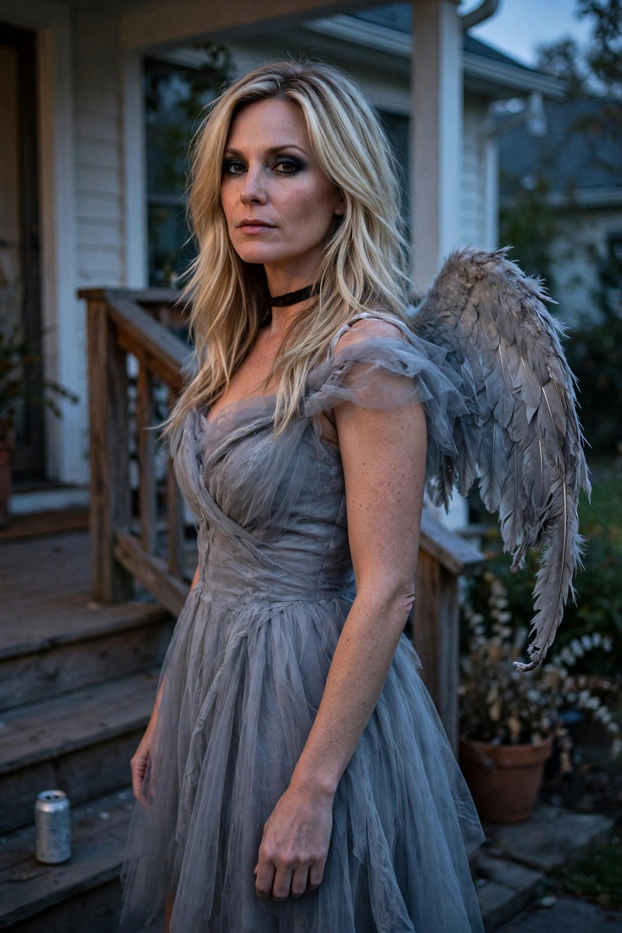 Woman with long blonde hair wearing a tattered gray tulle dress and large gray feathered wings as a fallen angel costume.
