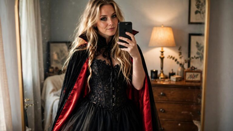Woman wearing a black velvet cape with red lining over a black lace corset and tulle skirt, long blonde hair in a side braid, holding a phone for a mirror selfie.
