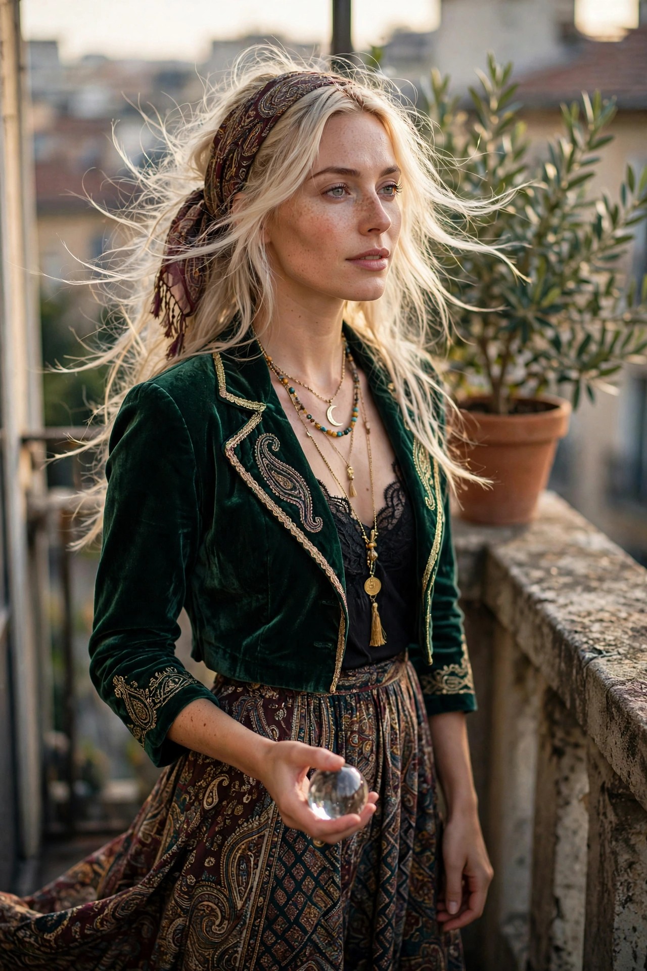 Woman in green velvet jacket and patterned skirt holding a crystal ball, wearing a headscarf and layered necklaces as a fortune teller costume.