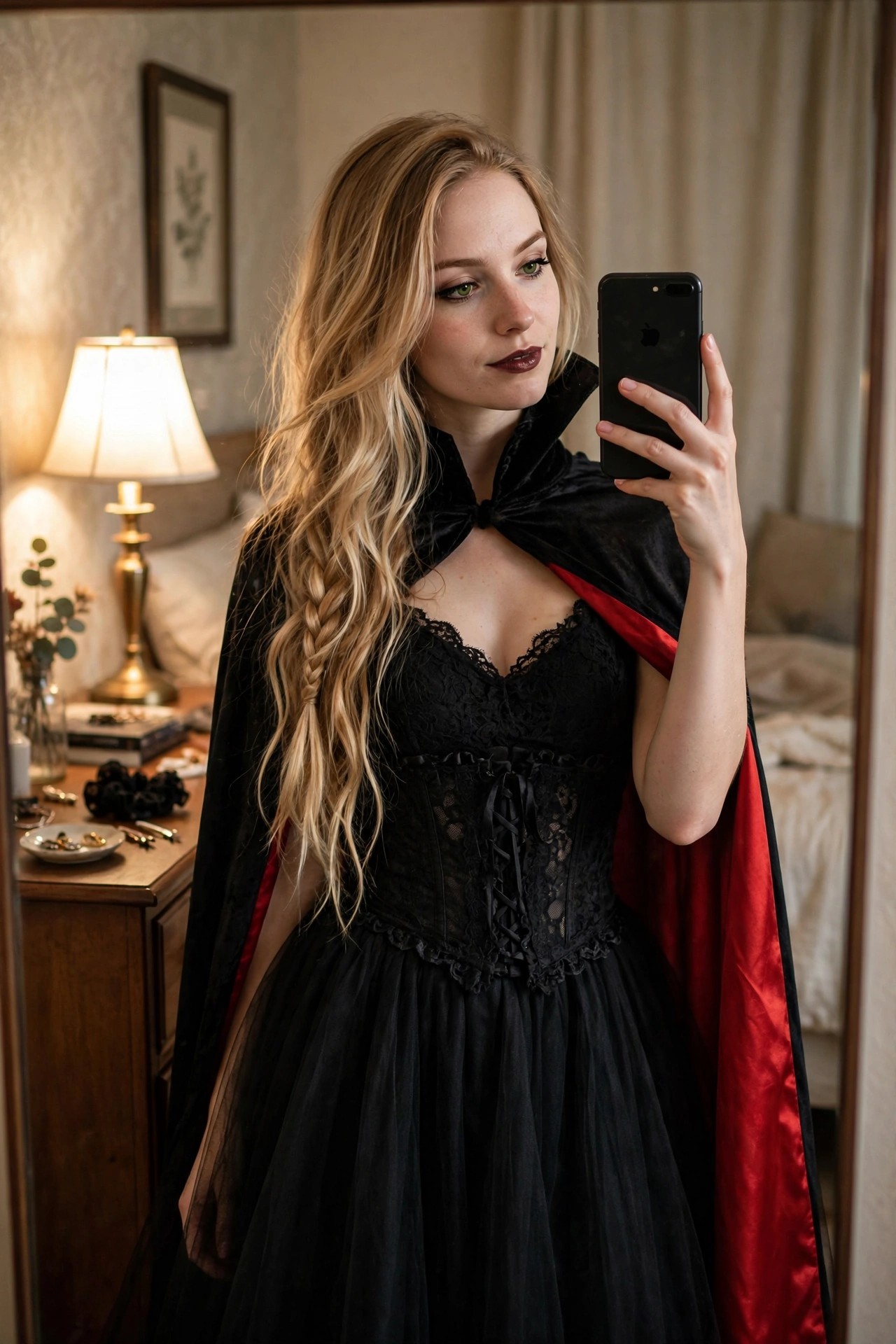 Woman wearing a black velvet cape with red lining over a black lace corset and tulle skirt, long blonde hair in a side braid, holding a phone for a mirror selfie.
