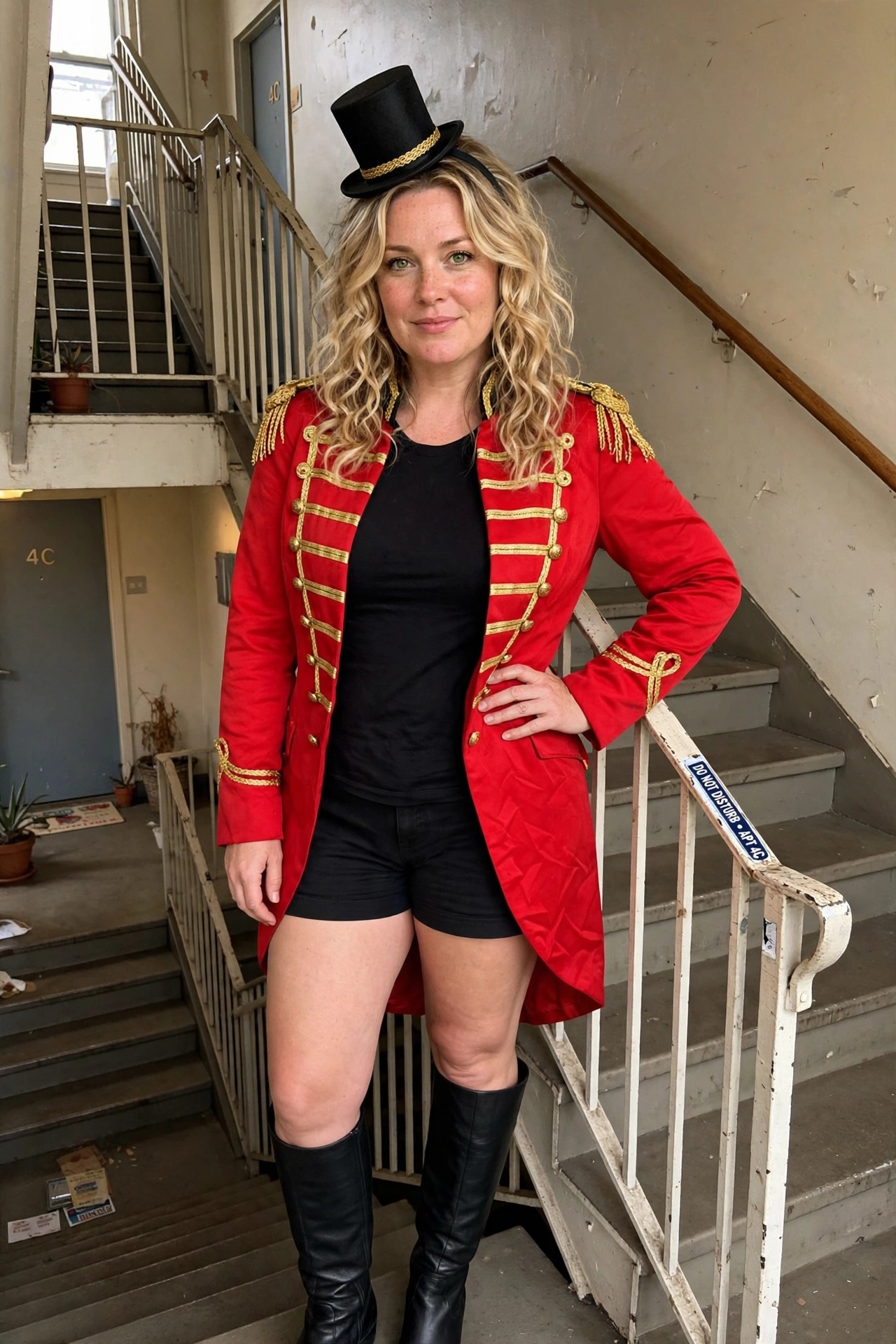 Woman wearing a red military style jacket with gold epaulets and buttons, black shorts, black boots, and a small black top hat as a ringmaster costume.