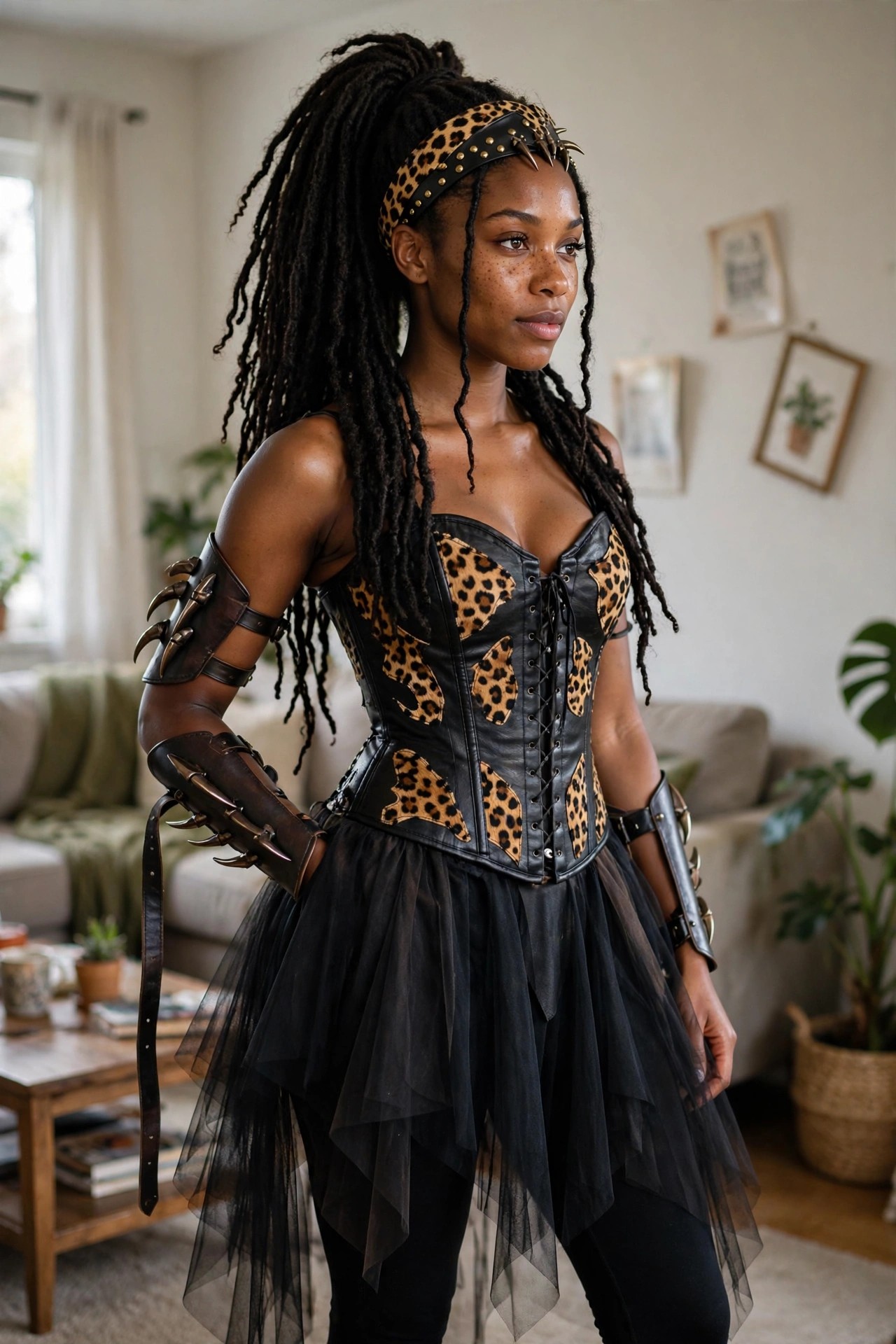 Woman wearing a black and leopard print corset with claw arm guards, spiked leopard headband, and black tulle skirt in a cheetah costume.