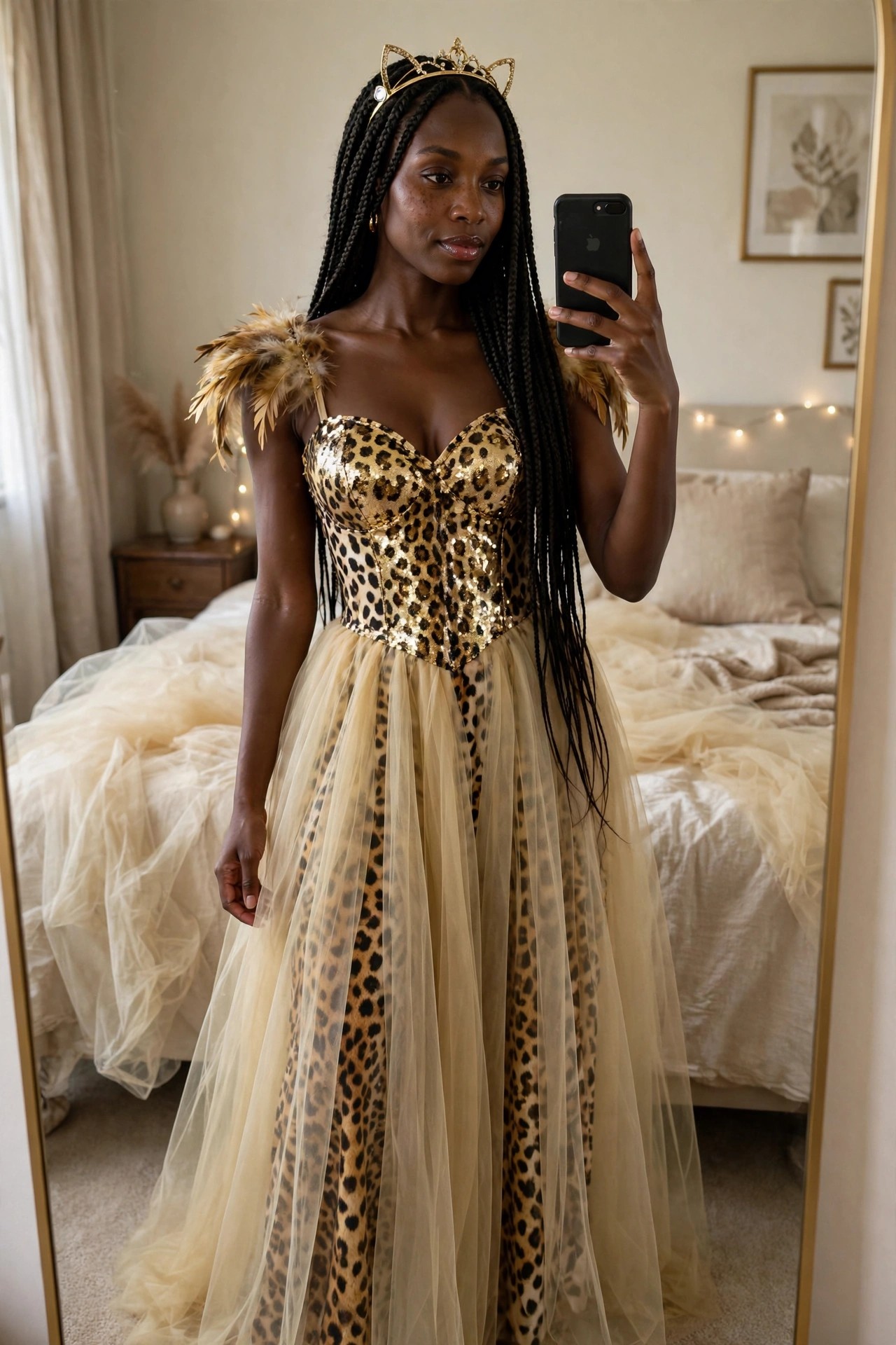 Woman wearing a sequined leopard print corset with beige tulle skirt, feathered shoulders, and gold crown while taking a mirror selfie.