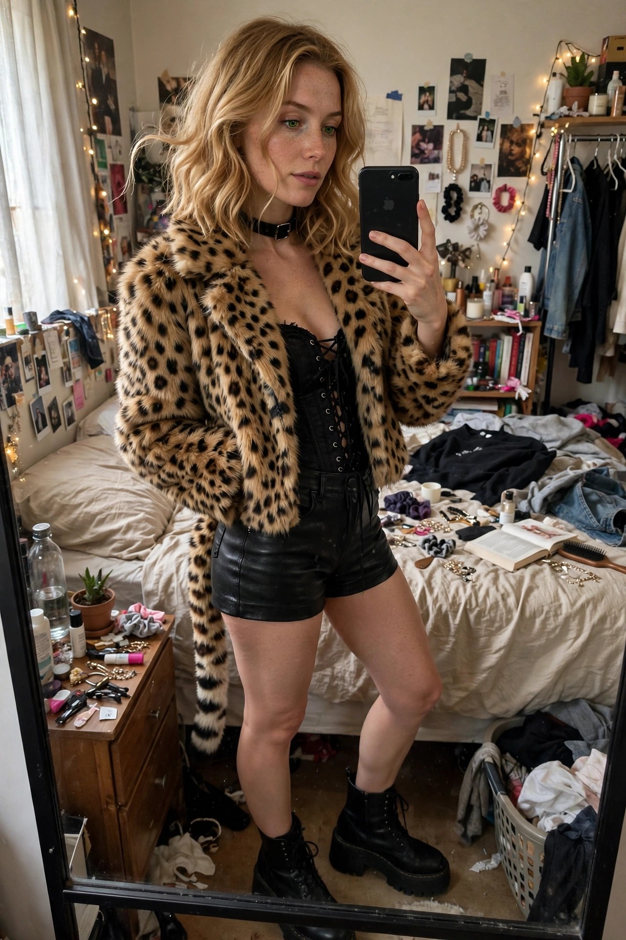 Woman wearing a cheetah print faux fur jacket over a black lace-up corset and leather shorts with black combat boots taking a mirror selfie.