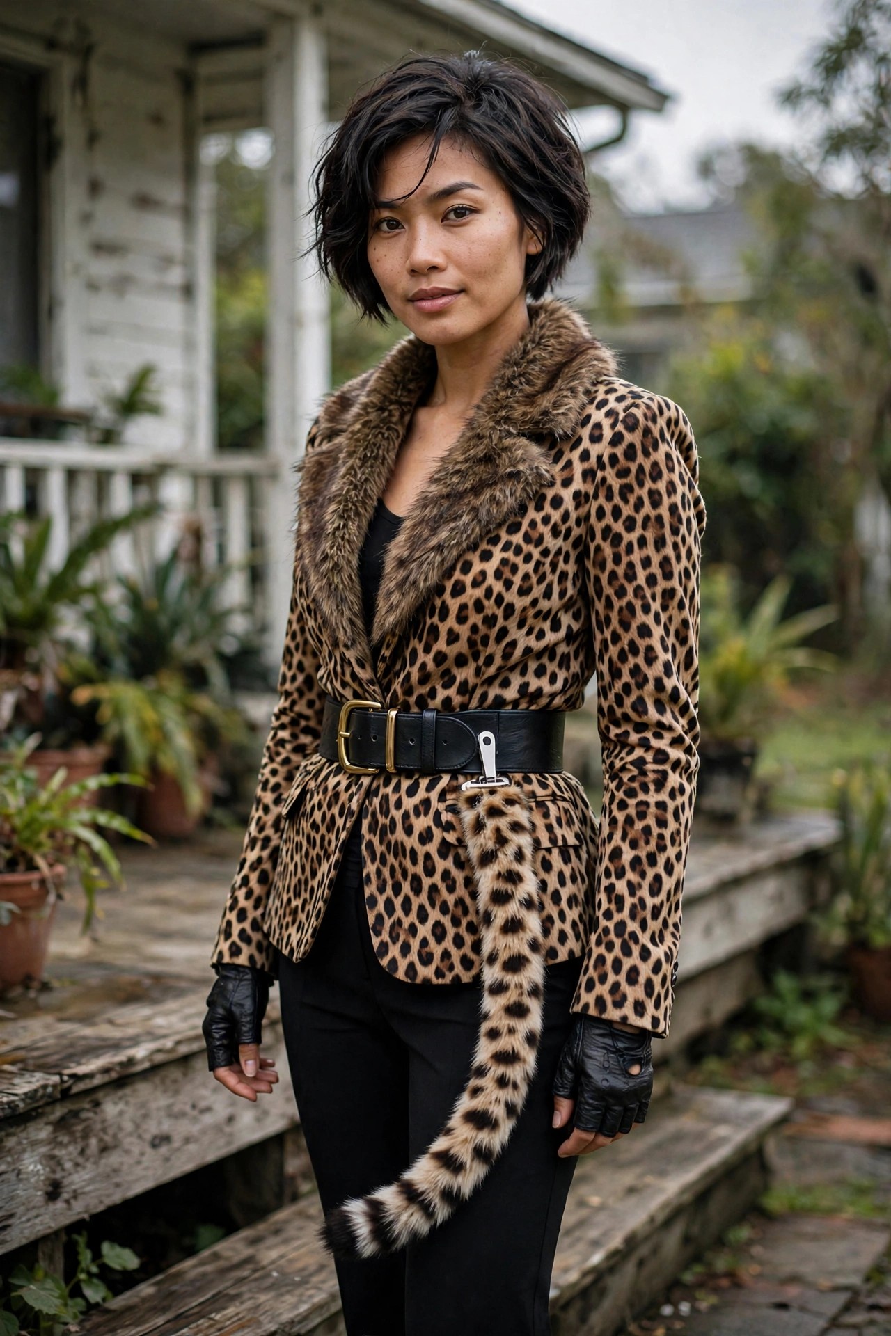 Woman wearing a leopard print blazer with thick faux fur collar, wide black belt, and long spotted tail as part of a cheetah costume.