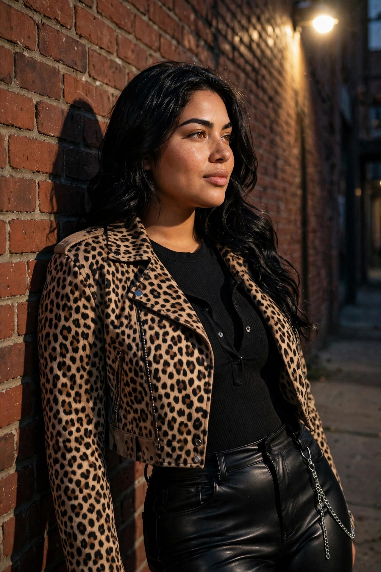 Woman wearing a cropped leopard print moto jacket over a black top with black leather pants featuring a side chain.