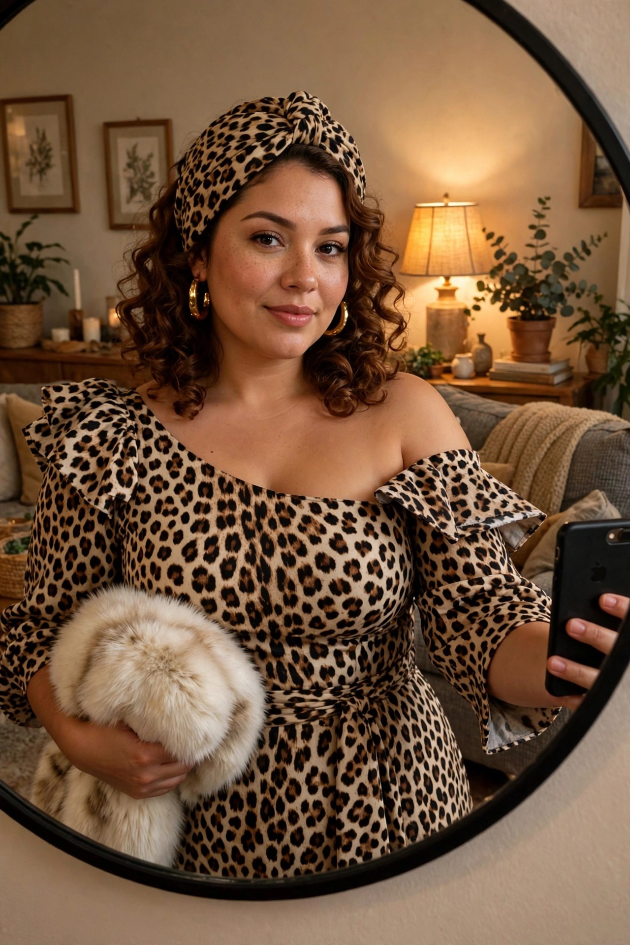 Woman wearing a leopard print off shoulder dress with matching twisted headwrap as a cheetah costume, holding a white fur accessory.