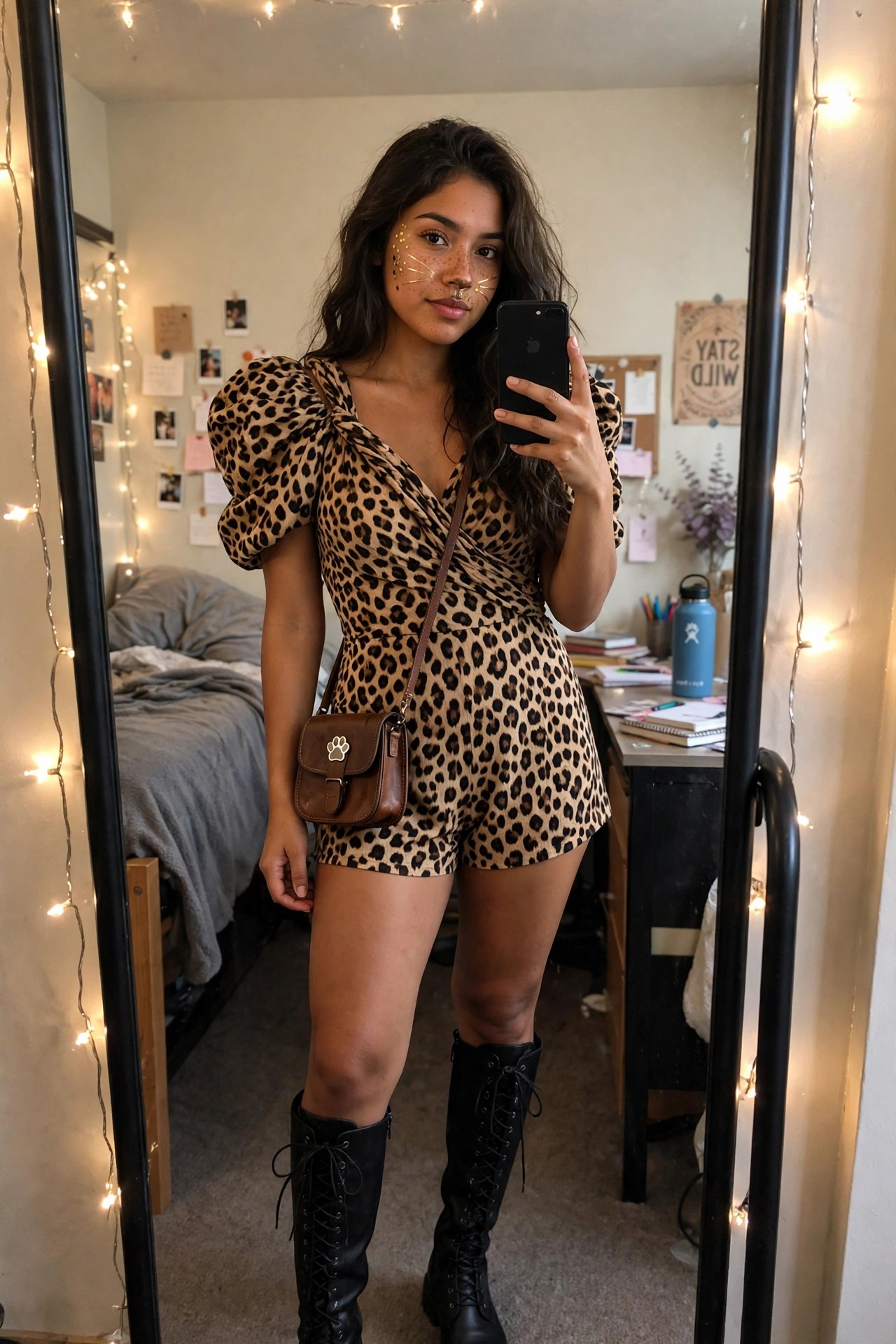 Woman wearing a short leopard print romper with puff sleeves, black lace up boots, and gold cheetah face paint while taking a mirror selfie.