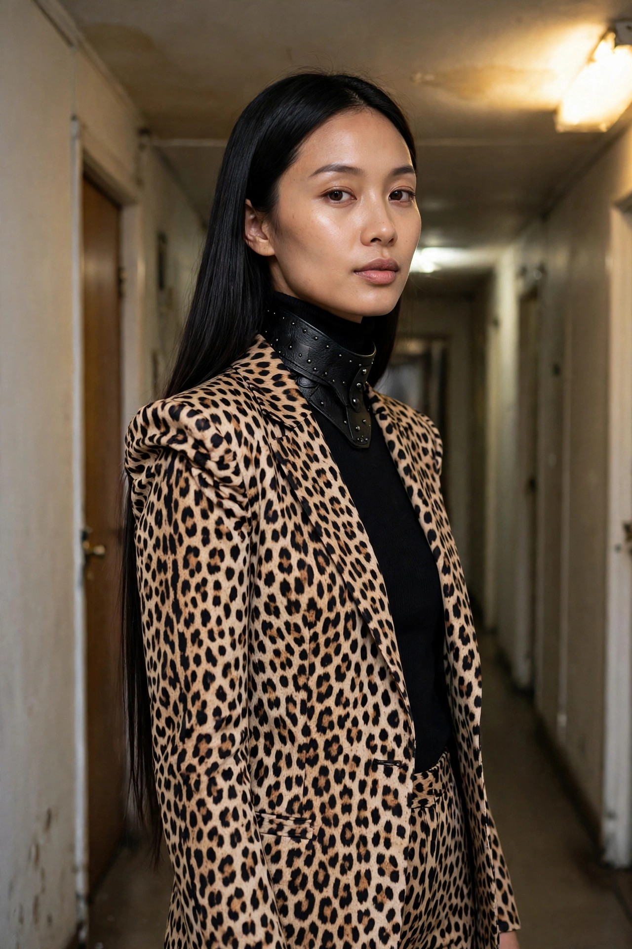Woman wearing a leopard print blazer and matching trousers with a black turtleneck and studded black collar.