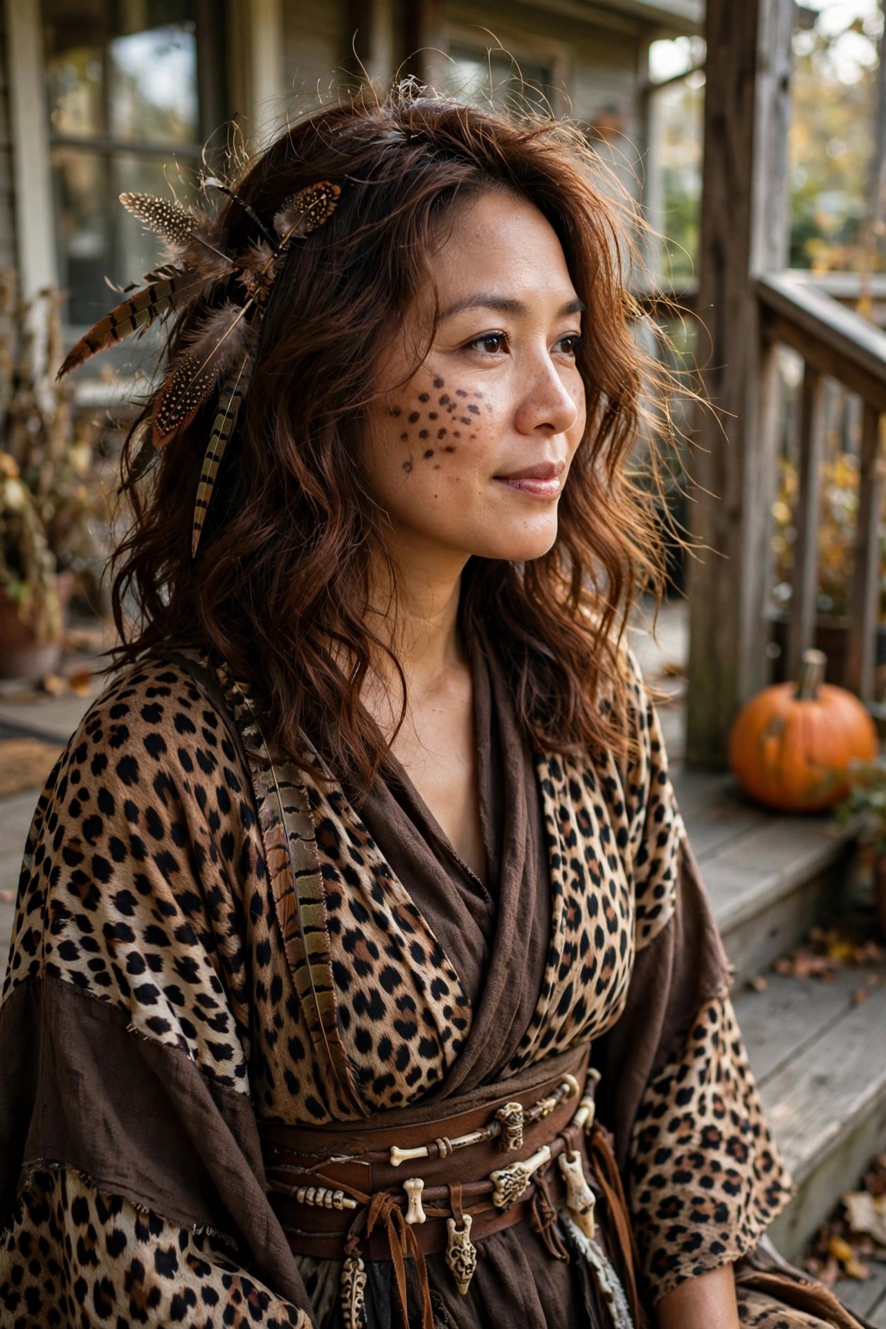 Woman wearing a layered leopard print wrap costume with feather headpiece, dotted cheek markings, and a belt decorated with small bones.