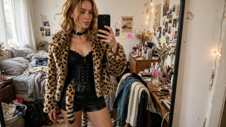 Woman wearing a cheetah print faux fur jacket over a black lace-up corset and leather shorts with black combat boots taking a mirror selfie.