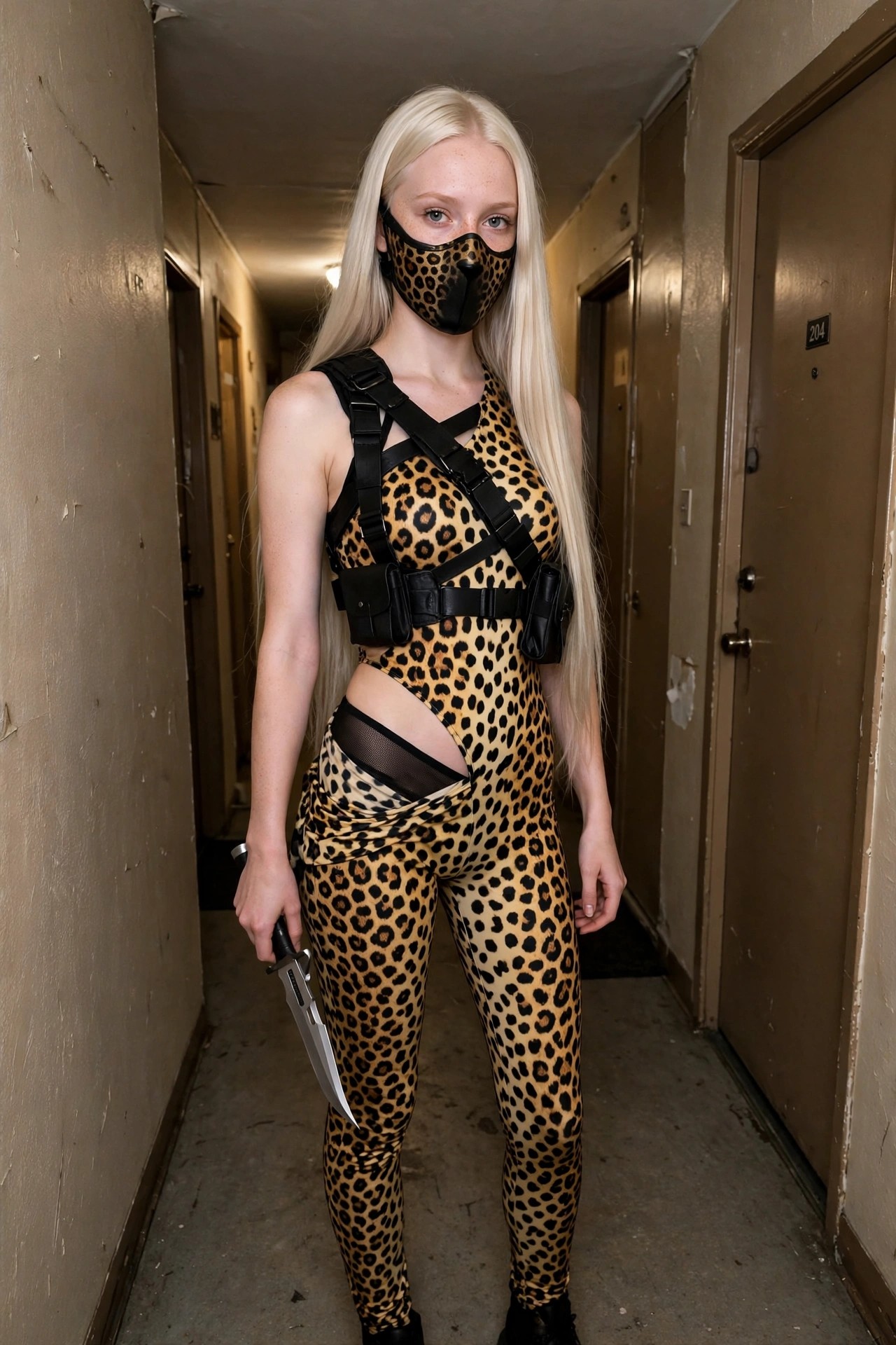 Woman wearing a full body cheetah print catsuit with cutouts, black tactical harness and pouches, leopard print face mask, and holding a large knife.