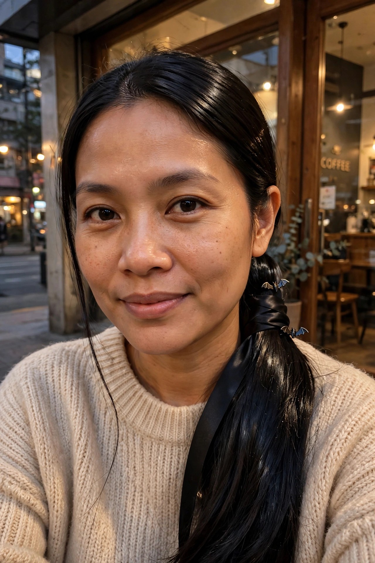 Long dark hair in a low ponytail secured with a black satin tie and two small bat shaped clips attached near the base.