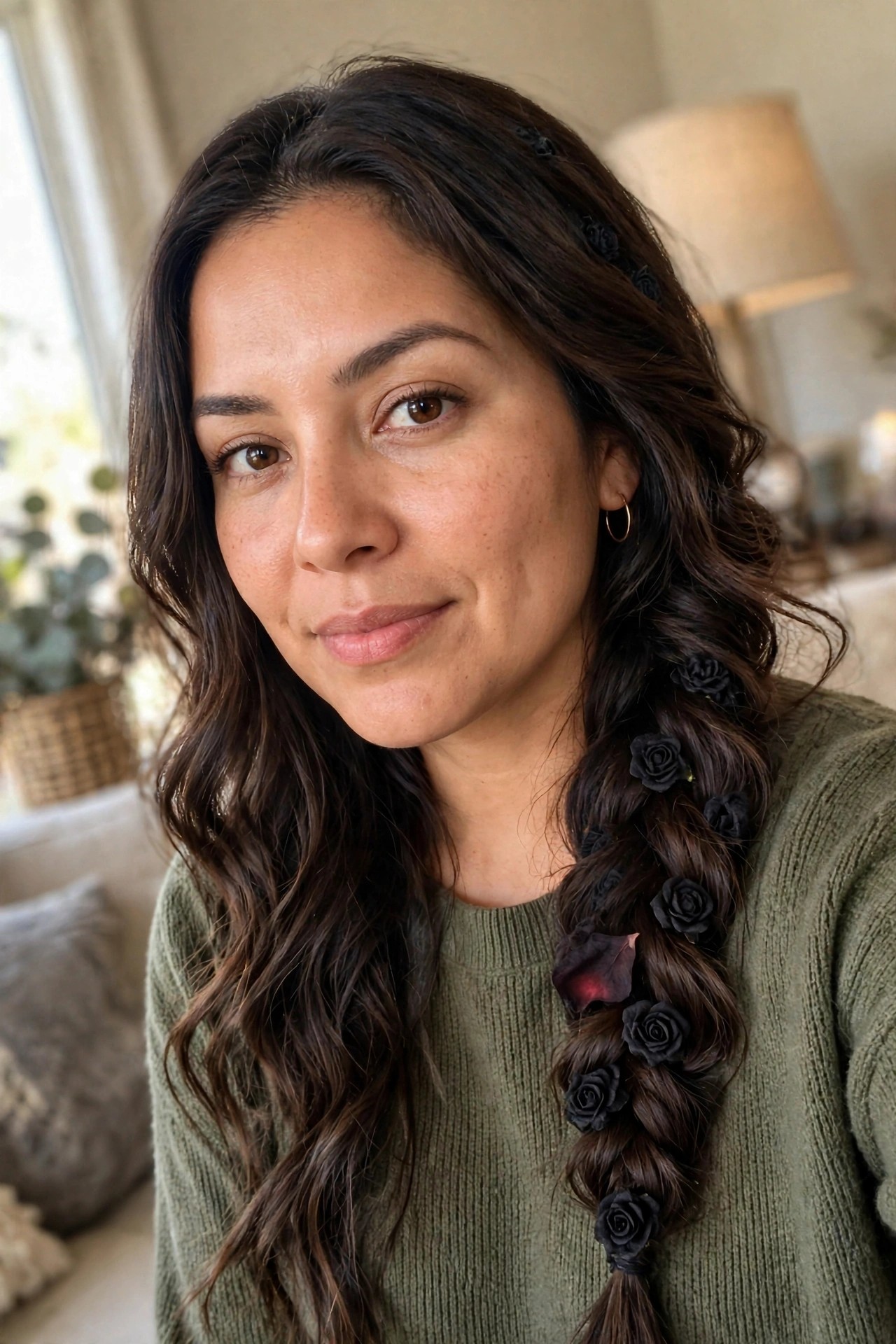 A woman with long dark brown hair in a loose side braid decorated with small black roses.