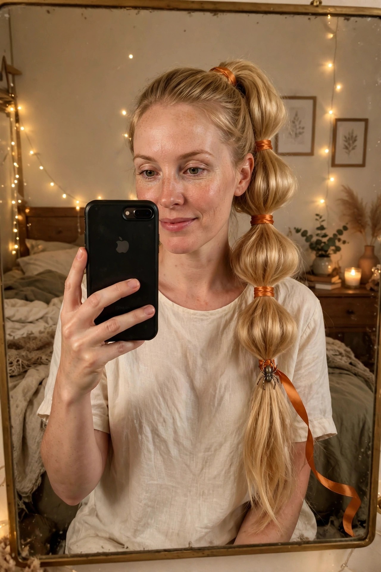 High blonde ponytail divided into three bubble sections tied with orange ribbons and finished with a small spider accessory.