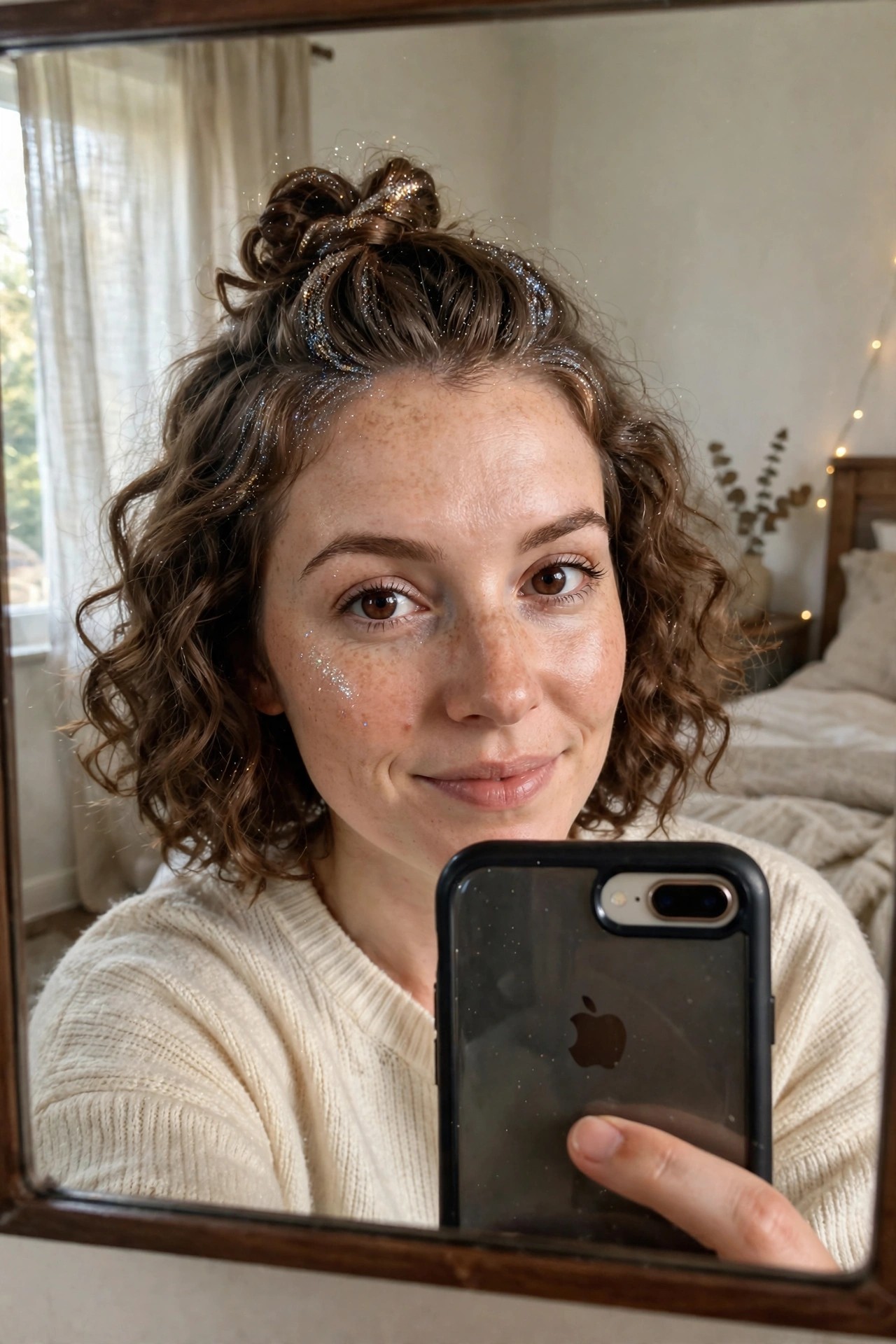 Woman with curly brown hair styled in two small glitter-covered buns on top with loose curls hanging down.