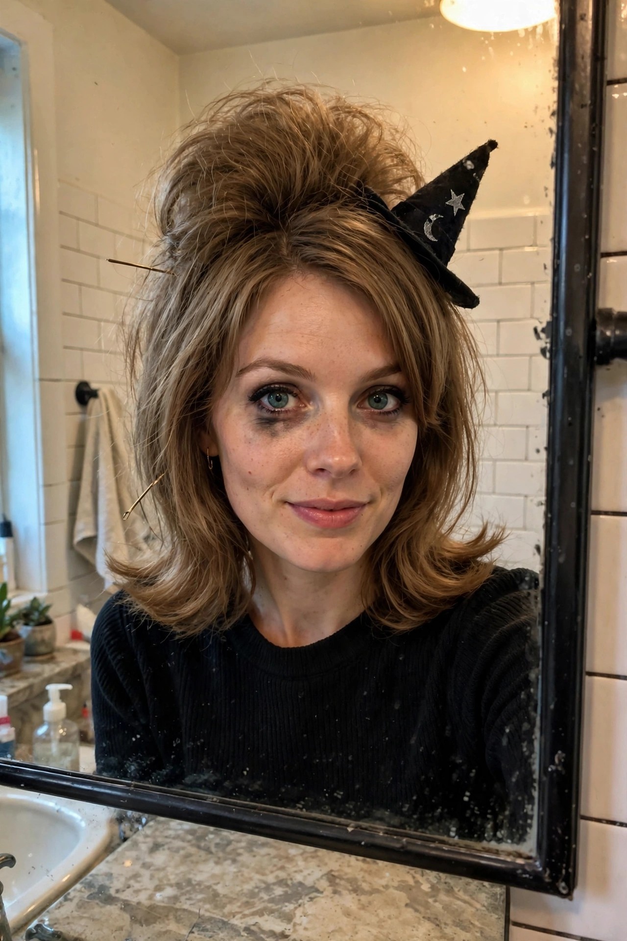 Woman with light brown hair styled in a high messy updo with volume at the crown and a small black witch hat accessory clipped on the side.