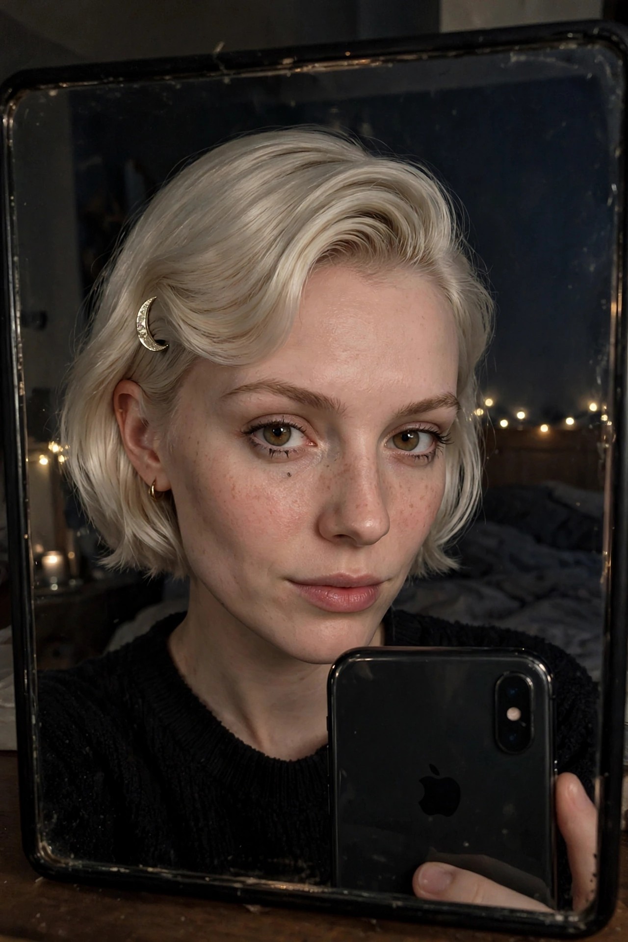 Short platinum blonde bob hairstyle with a small crescent moon hair clip on the side.