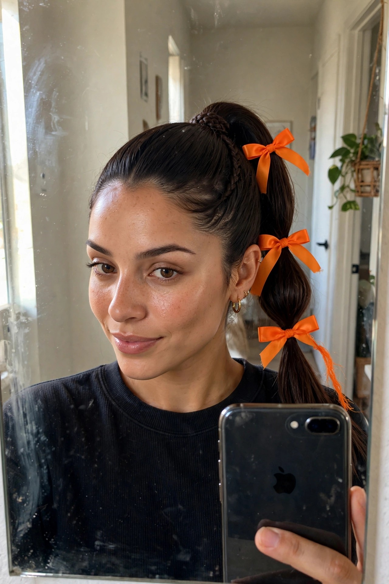High ponytail with dark hair, small braid at the crown, and multiple orange satin bows tied at intervals down the length.