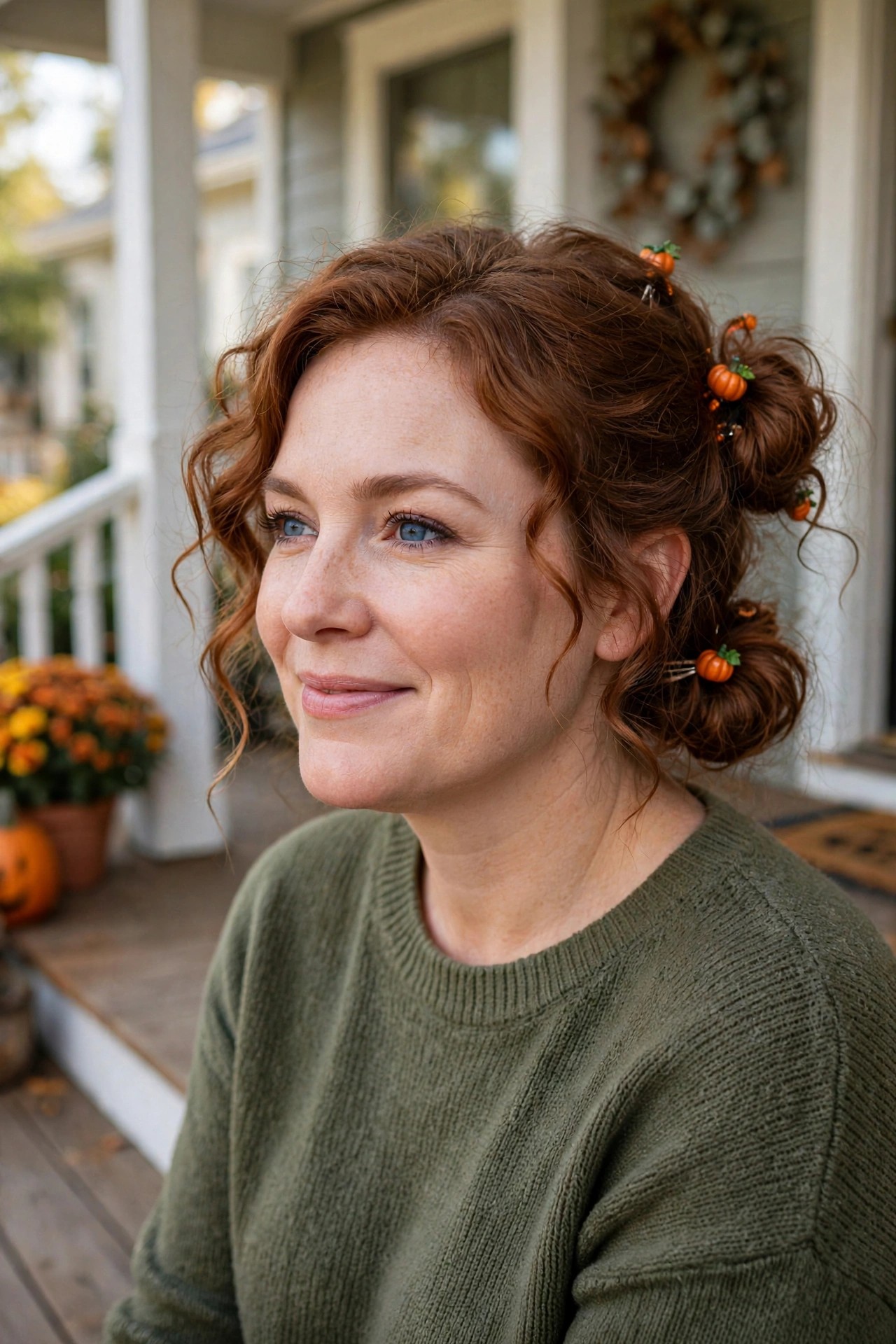 Red curly hair styled in multiple small buns secured with orange pumpkin hair clips.