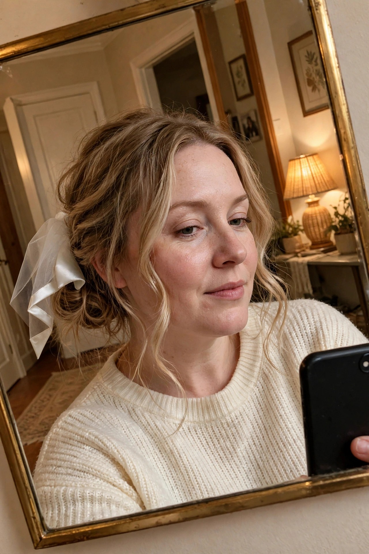 Woman with blonde hair in a loose updo wearing a sheer white tulle bow on the side.