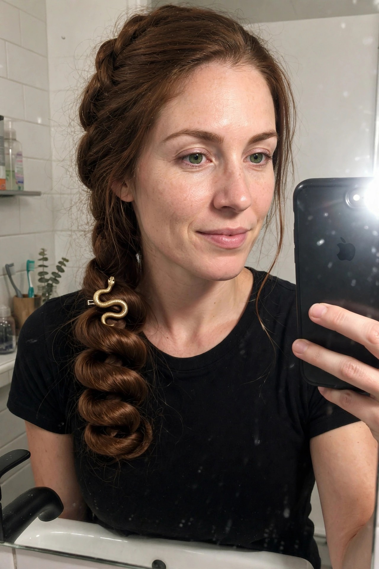 Woman with red hair wearing a side braid styled into large loops with a gold snake clip attached near the shoulder.