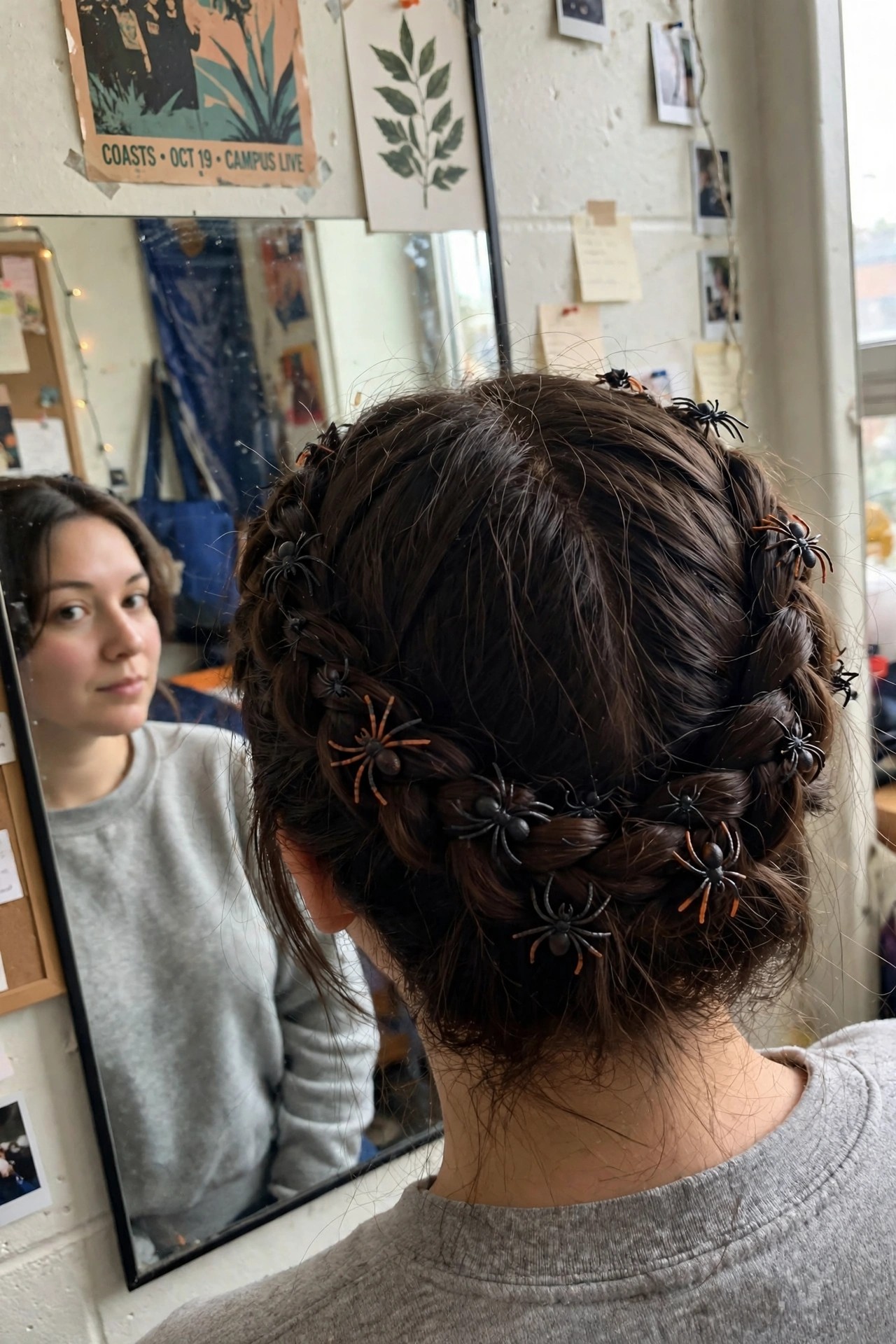 Back view of dark brown hair styled in multiple overlapping braids with small black and orange plastic spiders placed throughout the sections, shown with a mirror reflection of the side profile.
