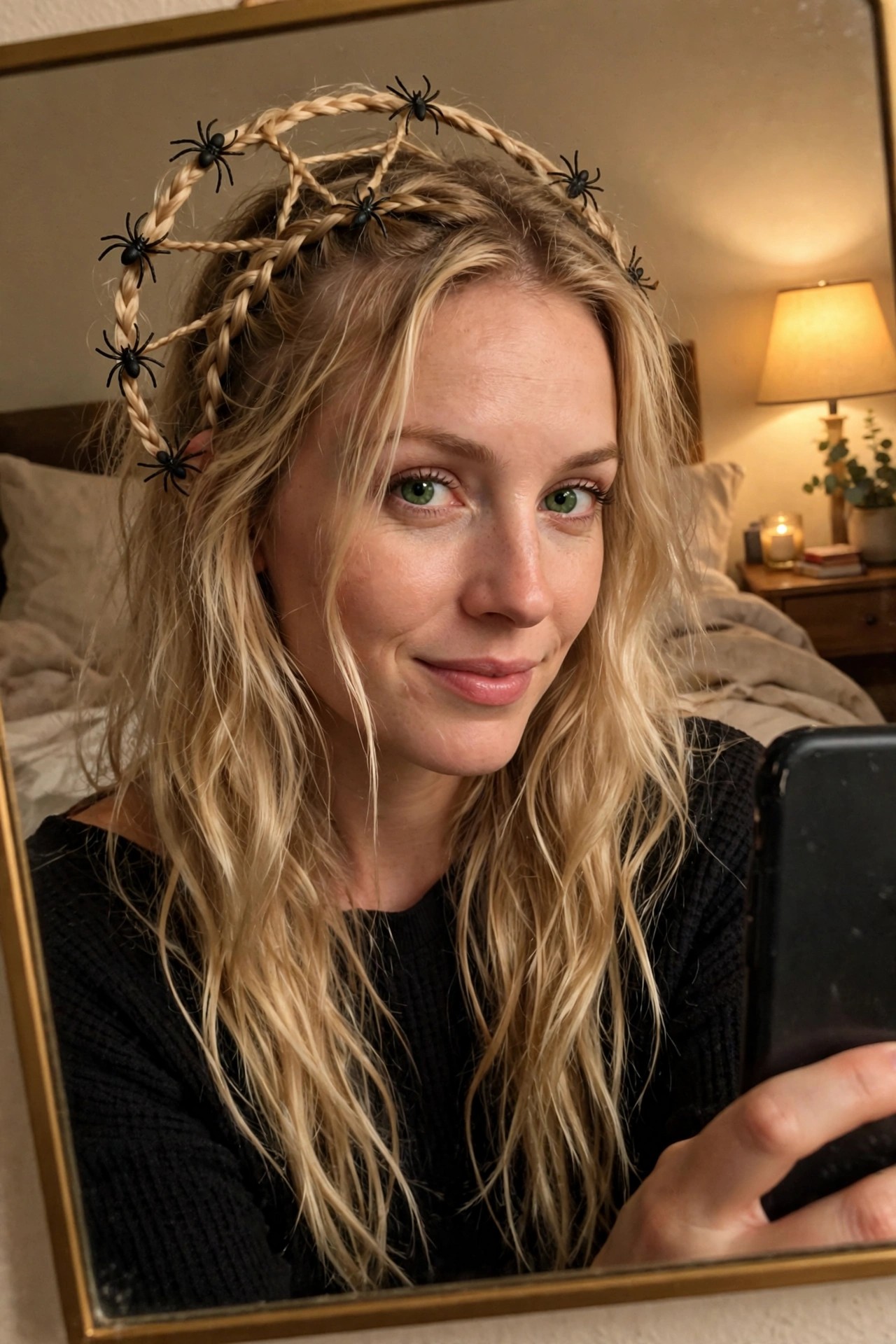 Blonde hair styled in multiple thin braids arranged in a circular web pattern across the crown with small black plastic spiders attached along the braids.