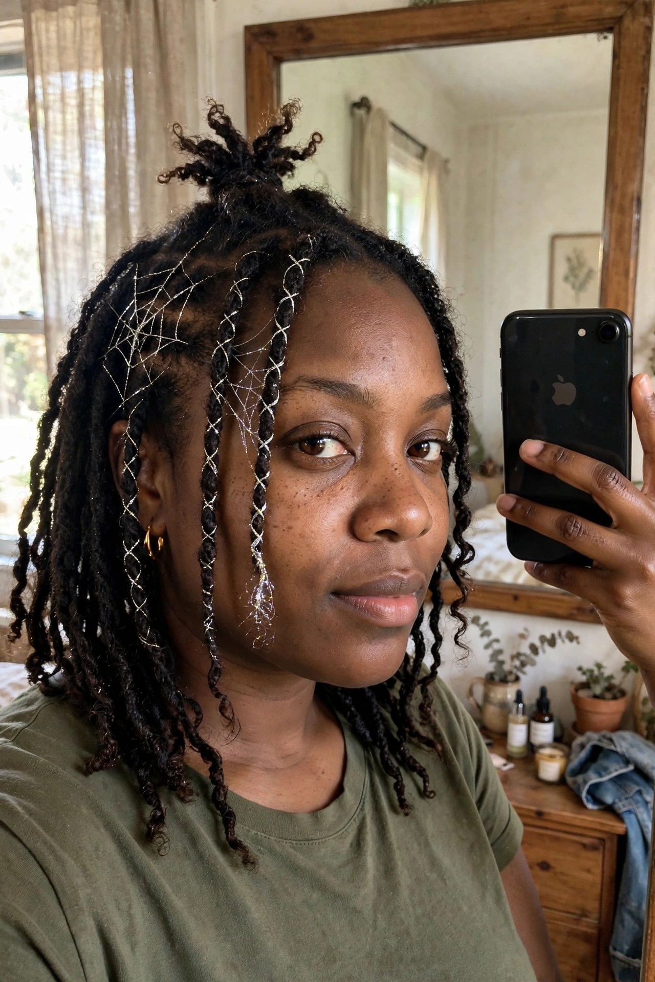 Close-up of a woman wearing cornrow braids with silver spiderweb chain accents woven through the front sections, finished in a high bun with loose curly ends.