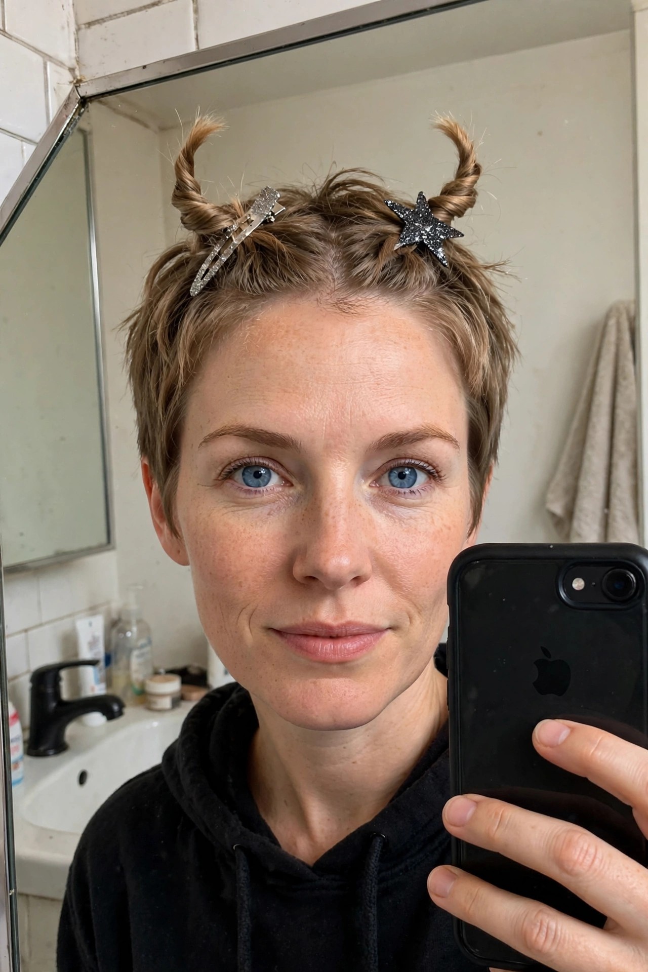 Short brown hair styled with two small twisted buns on top secured by glittery star and silver clips.