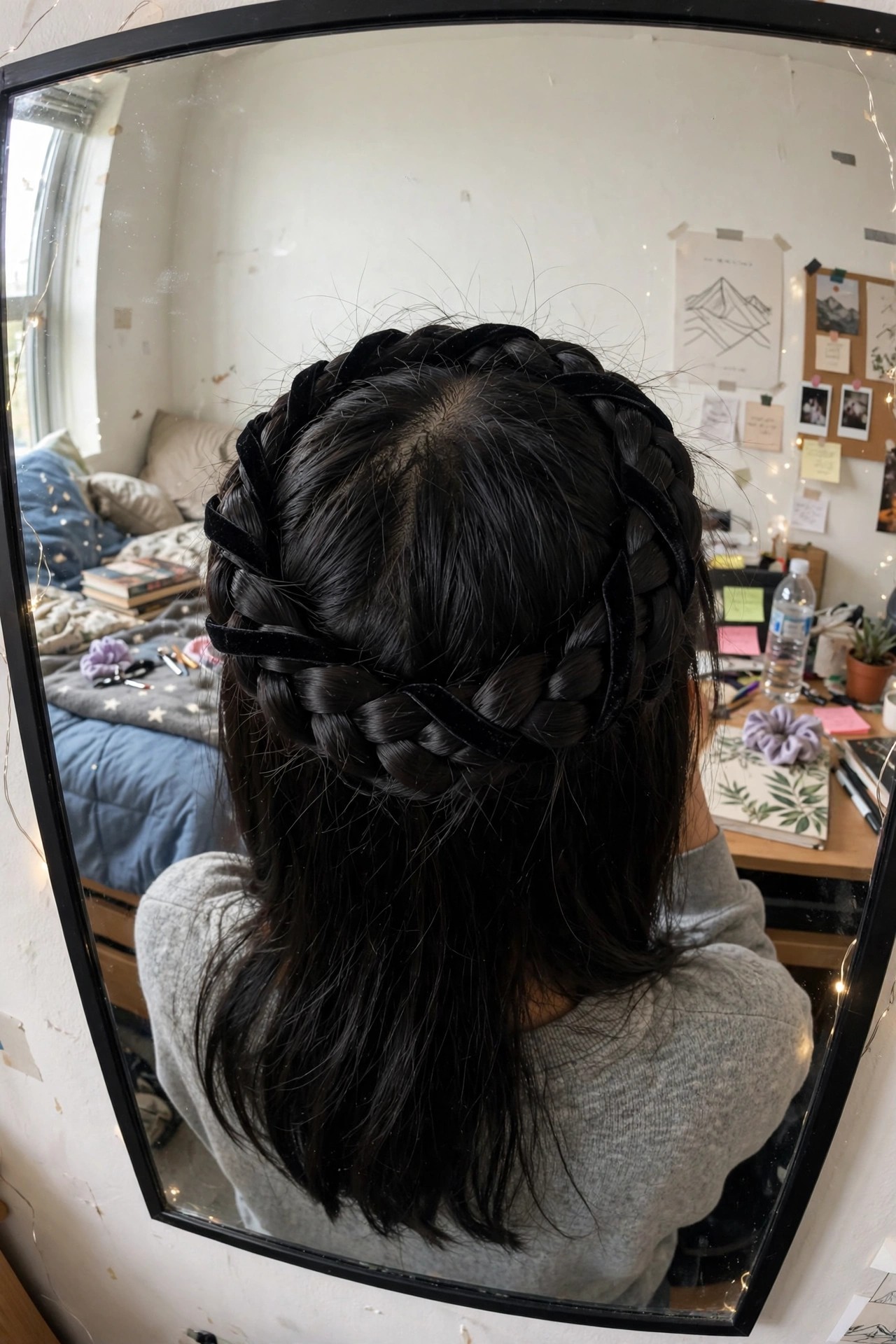 Back view of dark hair styled in multiple braids forming a crown shape with black velvet ribbon woven throughout.