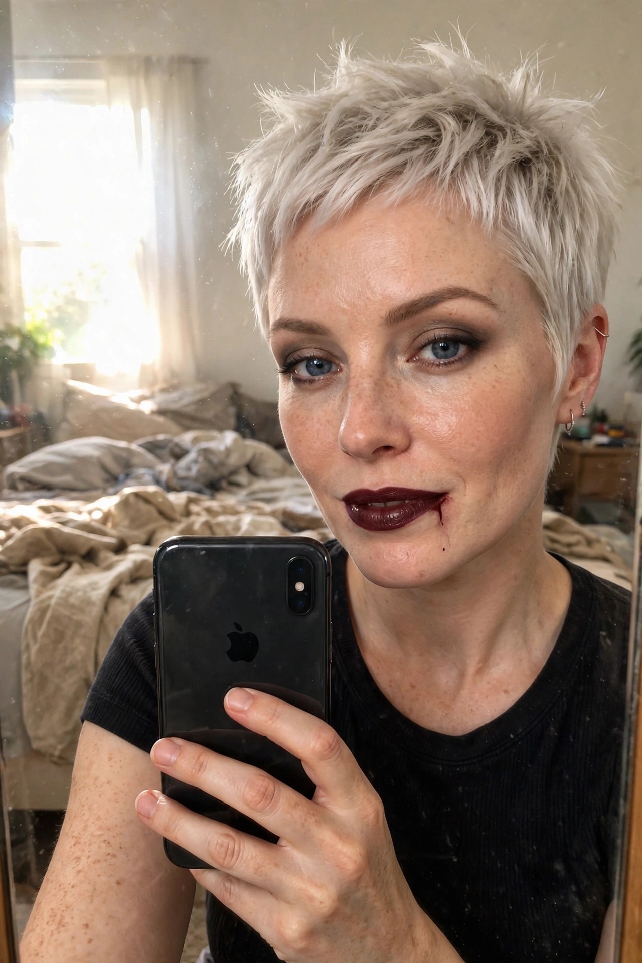 close up of woman with short platinum hair wearing dark smoky eye makeup and deep burgundy lipstick with a single drip running down her chin