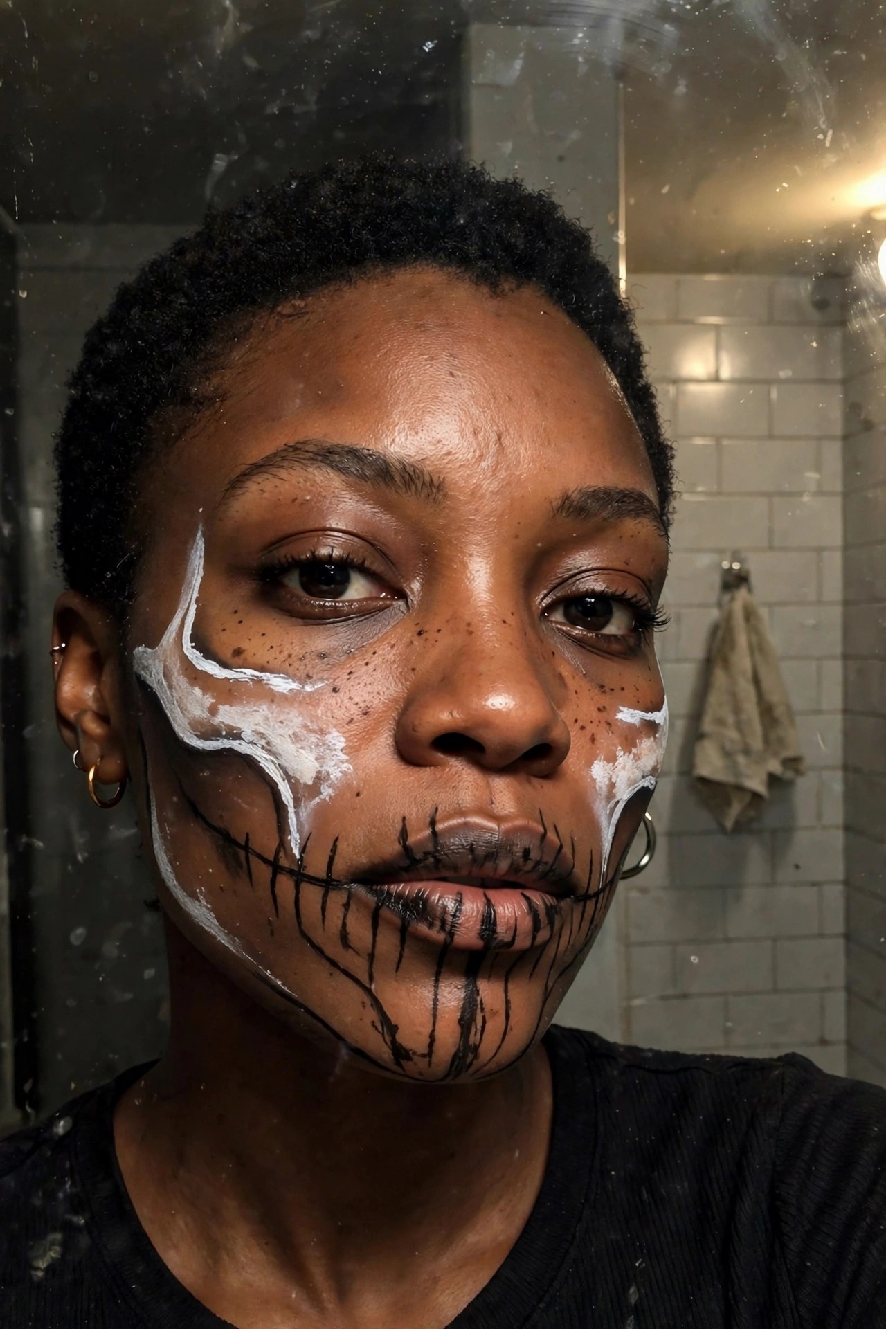 Close-up of cracked white face paint with black stitched lines around the mouth and chin on short natural hair.