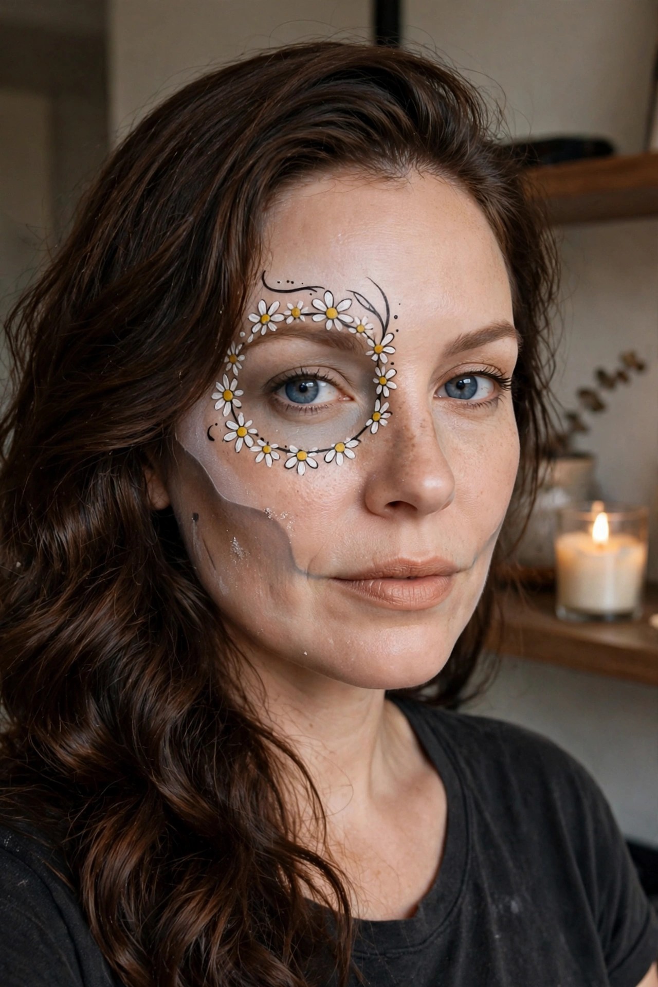 Close up of a woman wearing white daisy face paint arranged in a circle around one eye with yellow centers and black connecting lines plus a cracked translucent effect on the lower cheek.