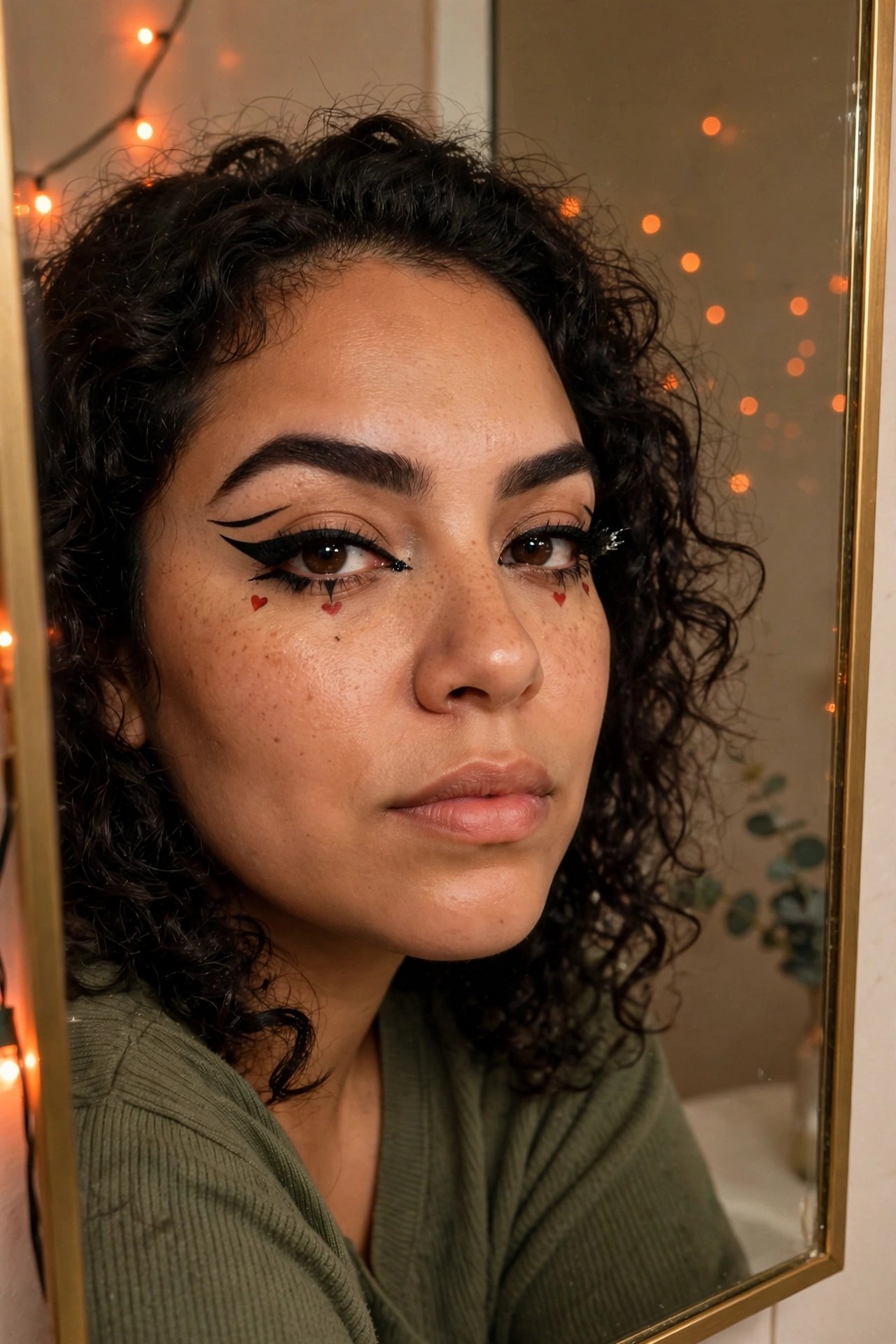 Close-up of heart drop black eyeliner with small red hearts under the eyes and glitter accents on the opposite eye.