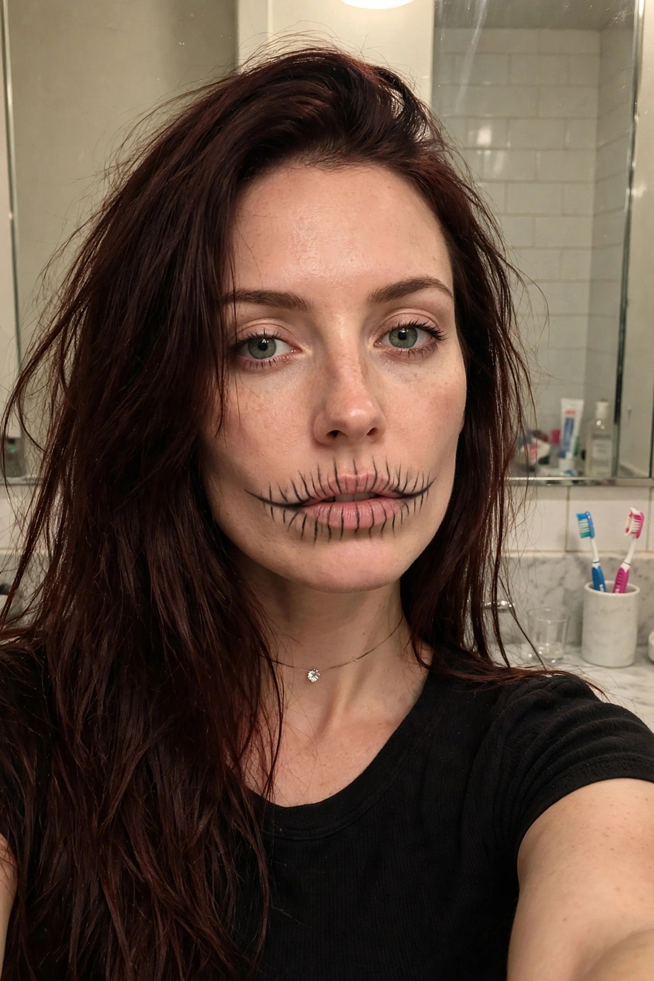 Close-up of a woman wearing black stitched mouth makeup with lines drawn around her lips to create a sewn effect.