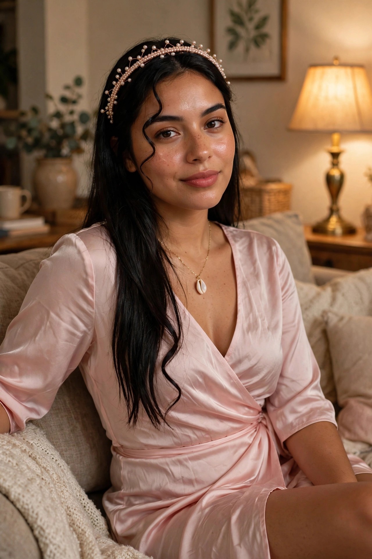 Woman wearing a pink satin wrap dress with a pearl headband and seashell necklace for an Aphrodite Greek goddess costume.