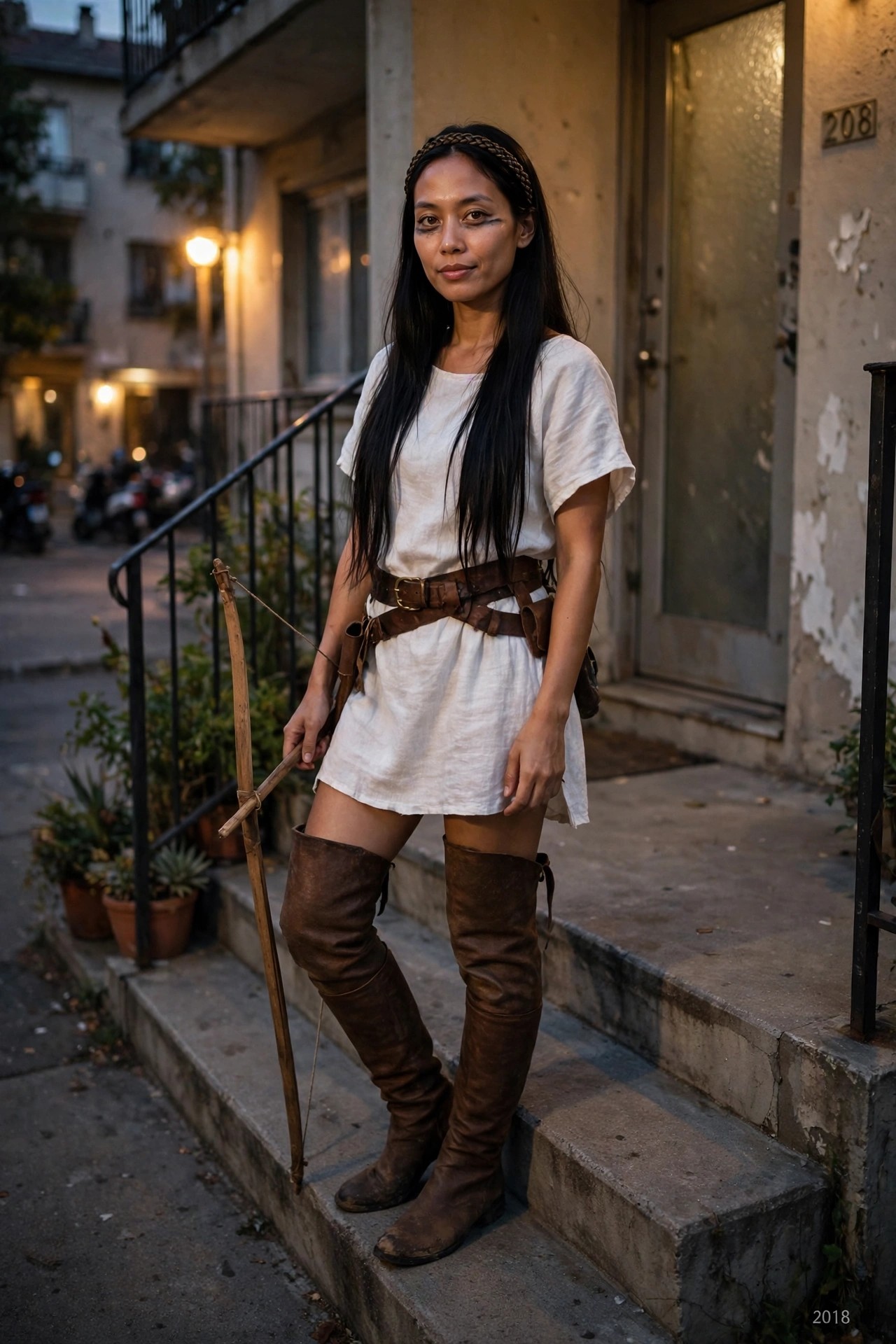 Woman wearing a short white tunic with brown leather belts and pouches, tall brown boots, holding a wooden bow, and a braided headband as an Artemis Greek goddess costume.