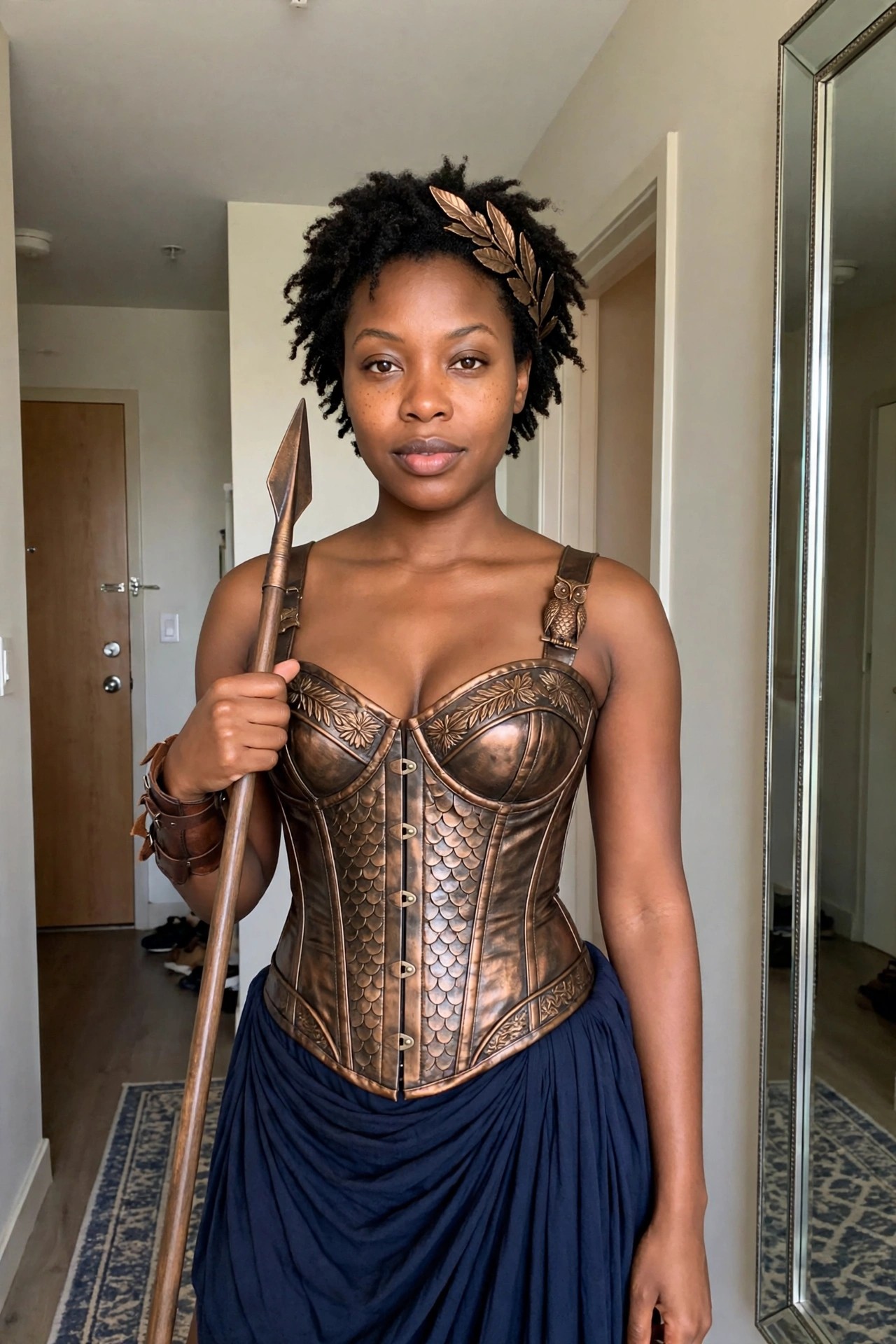 Woman wearing a bronze scale patterned corset with owl strap detail, blue draped skirt, laurel leaf headpiece, holding a spear in a hallway setting.